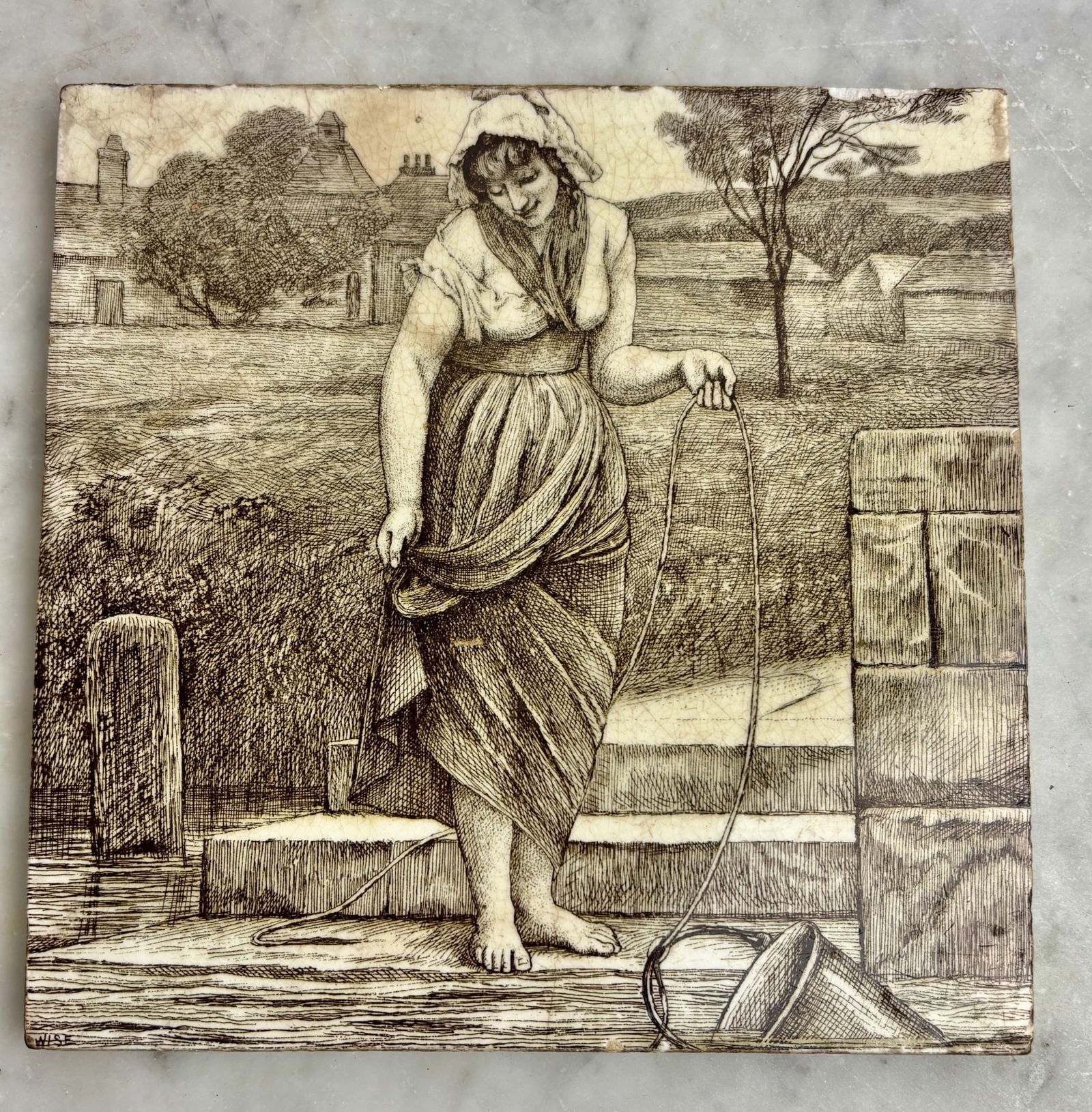 19th Century William Wise for Minton China Works Art Tile, "Woman at the Well": This is an antique ceramic tile designed by William Wise for Minton China Works, part of the "Country Pursuits" or "Country Life" series. Design: The tile features a transfer-printed sepia-toned illus