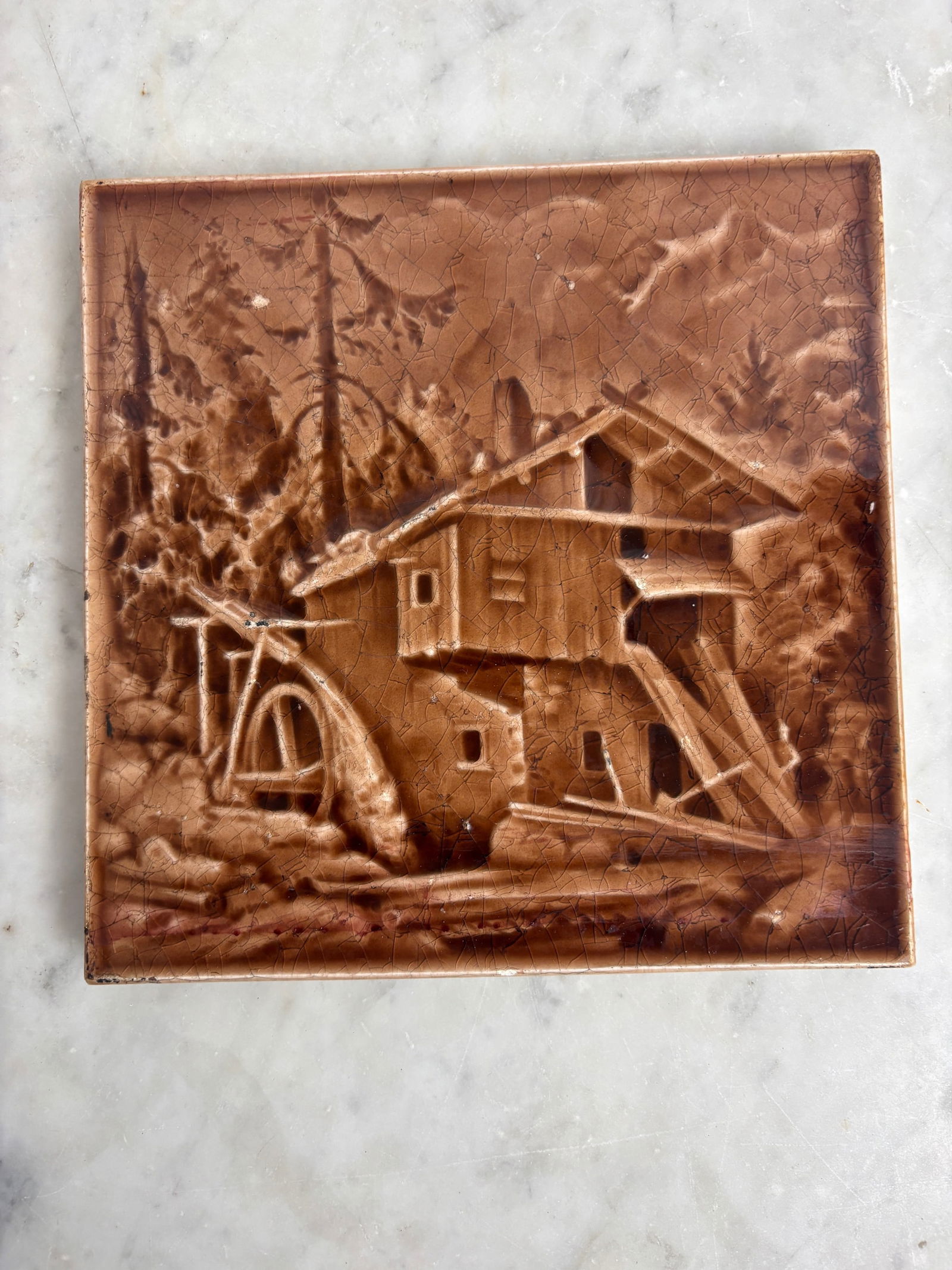 Minton Tile Works - Amber Colored Watermill Scenic Art Tile (1 of 4)