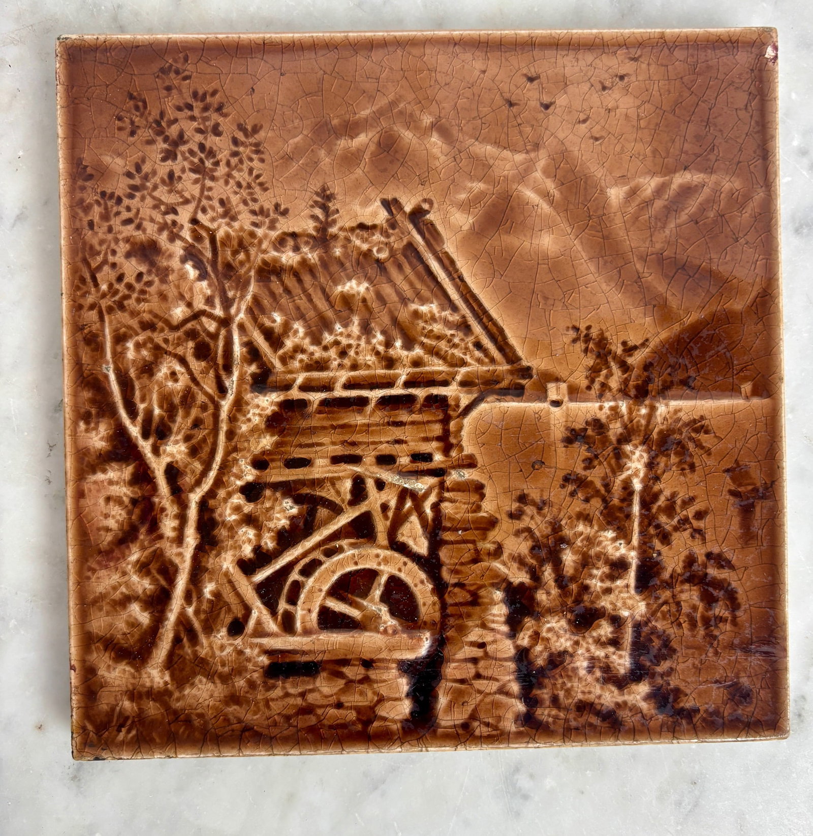 Minton Tile Works - Amber Colored Scenic Art Tile (1 of 2)