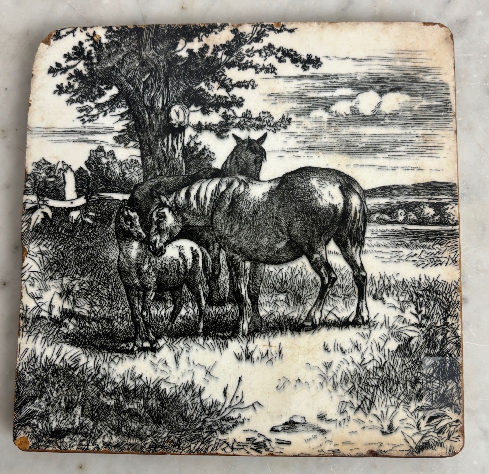 Antique Tile, Minton China Works "Mare & Foal" Art Tile: This is a Minton's 'Horses, Mare & Foal' tile. It is a dust-pressed, block-printed ceramic tile. The design is from the "Animals of the Farm" or "Rural Scene" series, designed by William Wise around 1