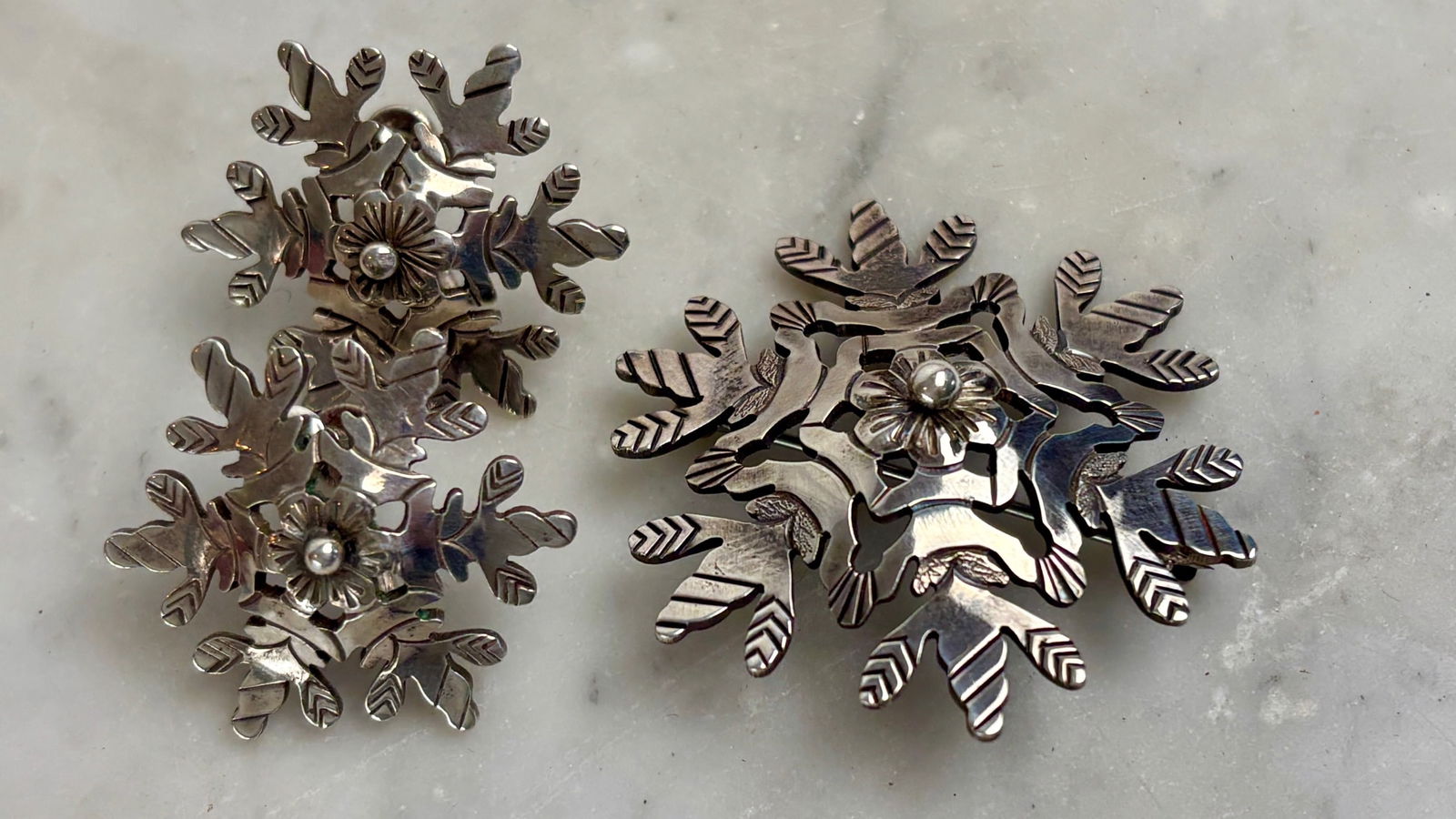 925 Sterling Silver Snowflake Brooch and Earring Set (1 of 2)