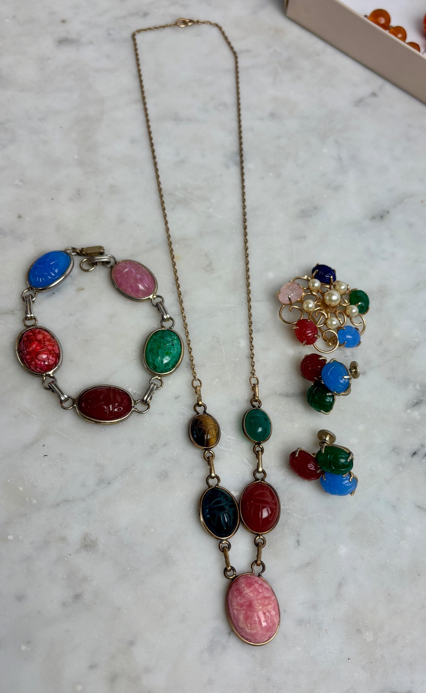 Scarab Lot - Bracelet, Earrings, and Pin: Scarab Lot - Bracelet, Earrings, and Pin, Vintage Gold Tone