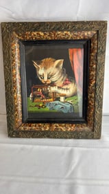 Antique Wide-Eyed Cat Looking Curiously into Cage with Miniature Person Inside Litho/Print