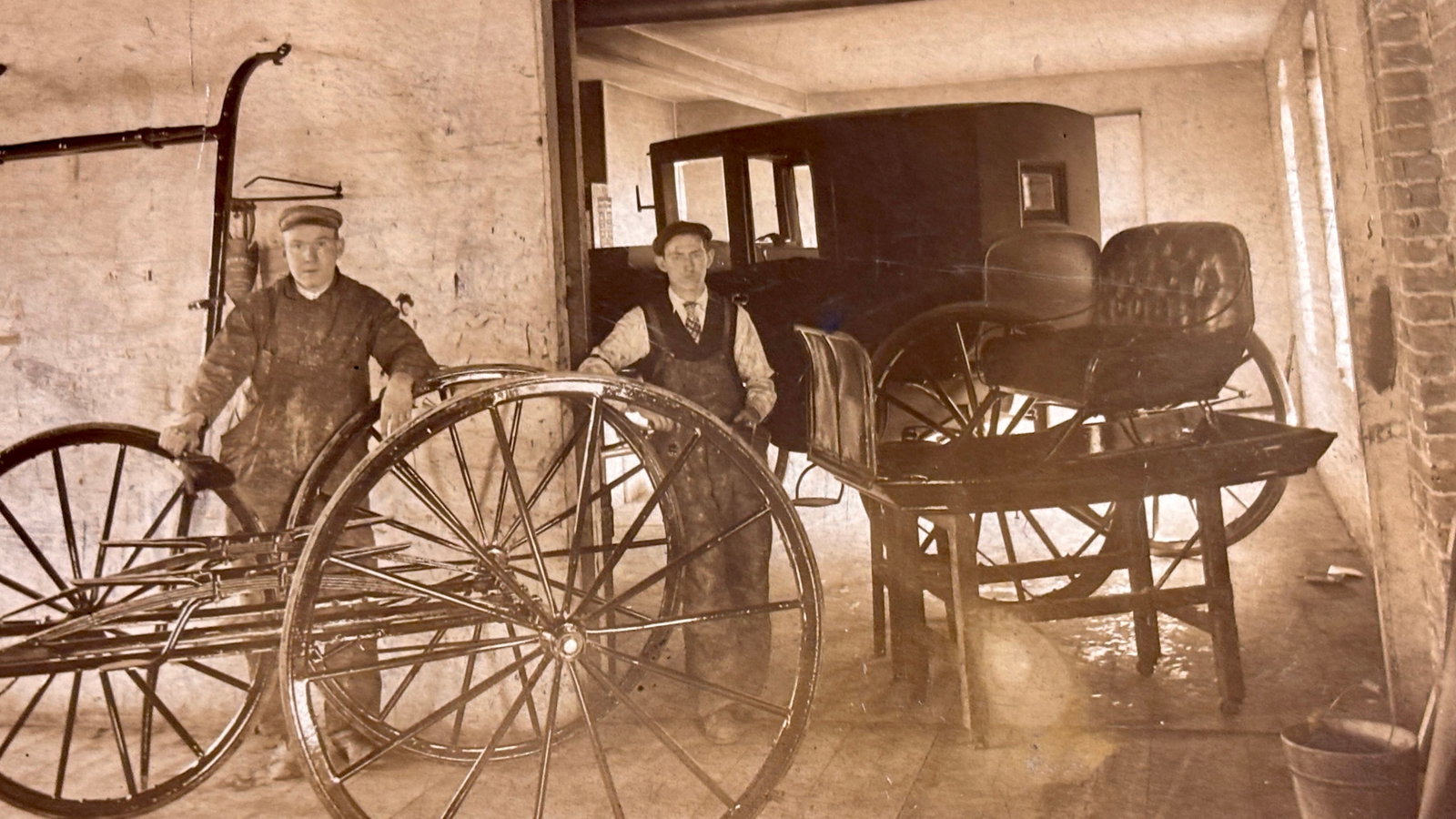 Antique New England Collectible Real Photo Post Card, RPPC, Possibly Taunton Mass. Area: Antique, Possibly Taunton, Massachusetts Post Card, scene of two men with carriages and a car of some kind. In good overall condition with slight to moderate wear.All of the postcards in this auction 