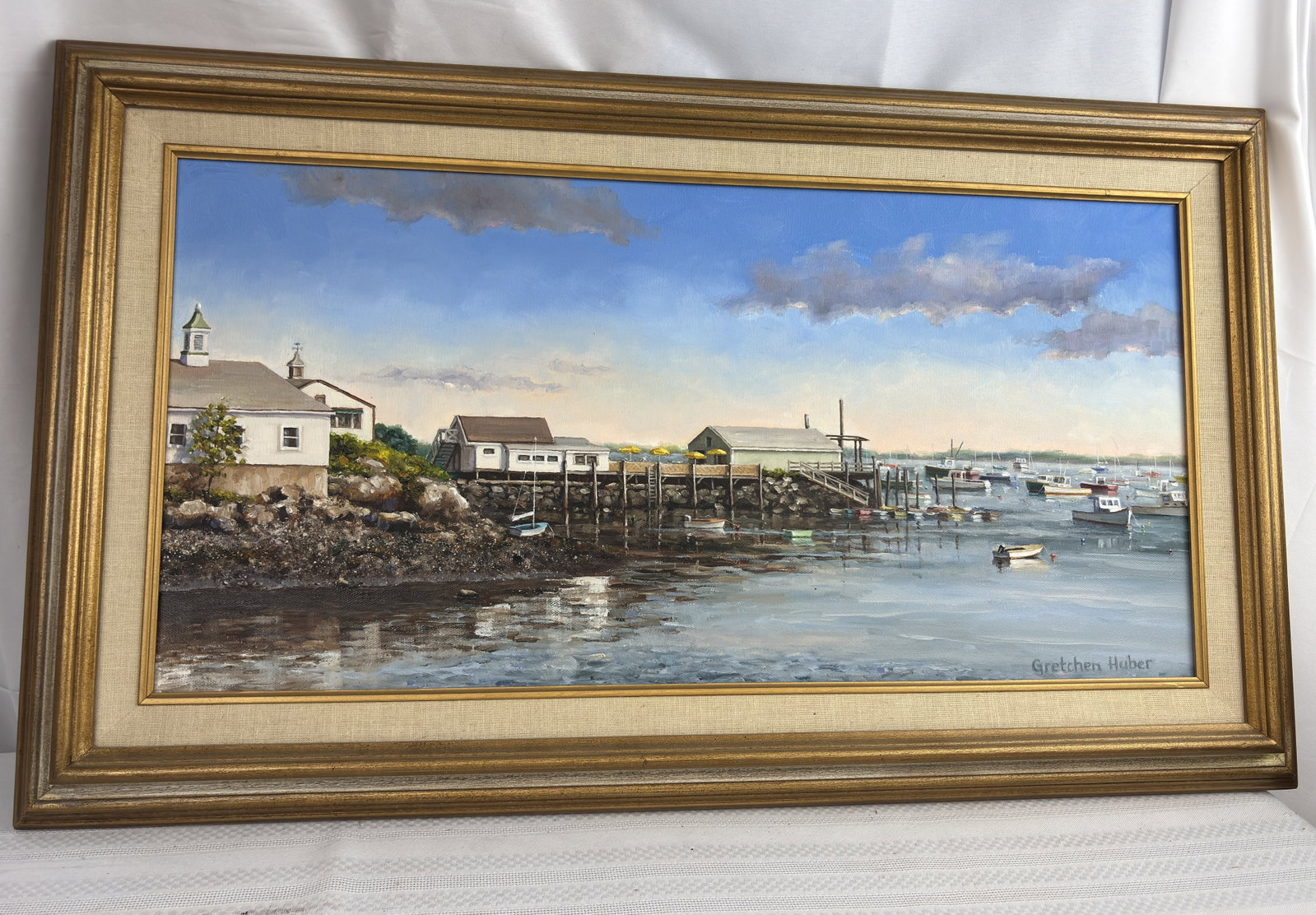 Gretchen Huber Warren Painting - Oil on Canvas - Ocean Harbor with Jetty Scene 17"x29" Framed (1 of 6)