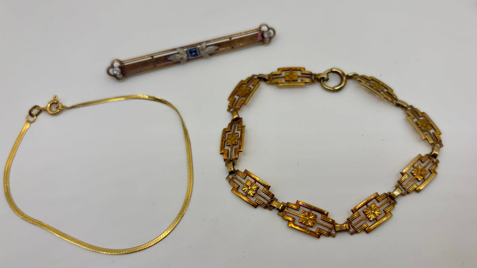 Antique 14K gold 3 piece lot - 11.8 grams - yellow gold bracelets & ornate bar pin (1 of 6)