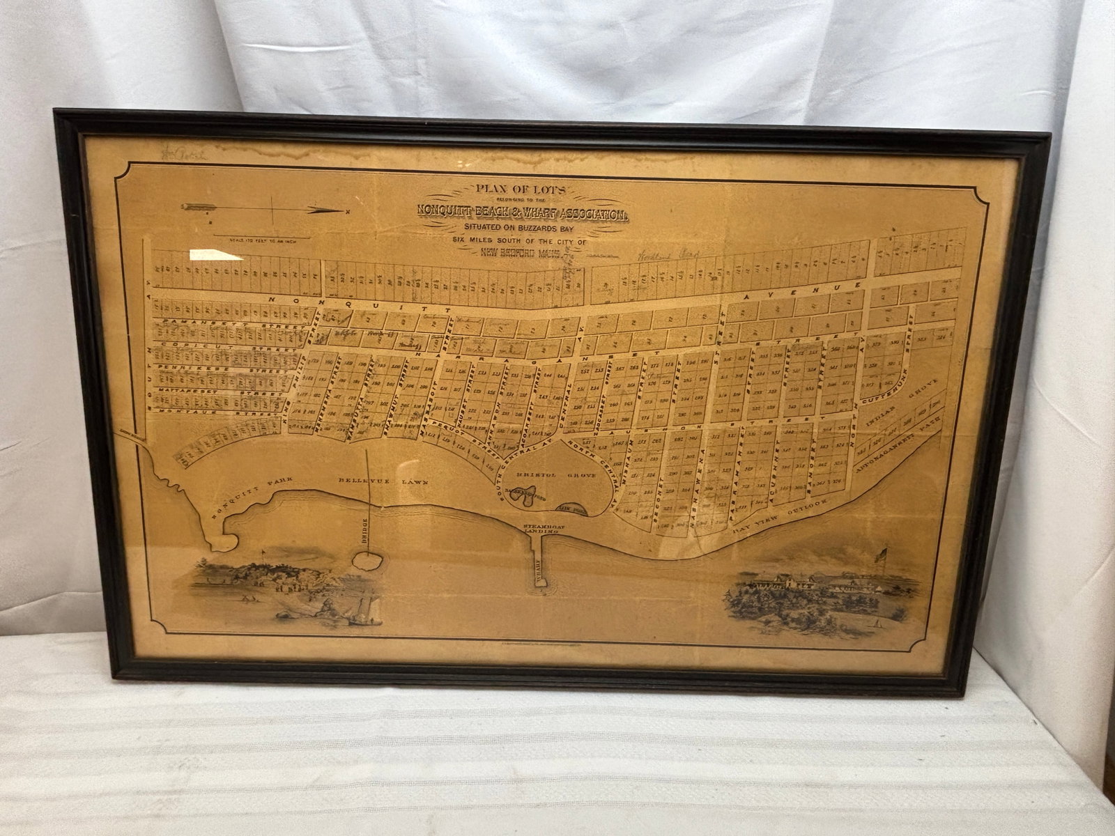 Map of South Dartmouth, Massachusetts by Unknown Artist. Late 19th c. Nonquitt Beach & Wharf Assoc: Early Nonquitt Property Map - Large Version, Framed Under GlassOriginal owner (Wm. Rotch) signed in upper left, appeared to write notes, of which families lived where among the private, exclusive comm