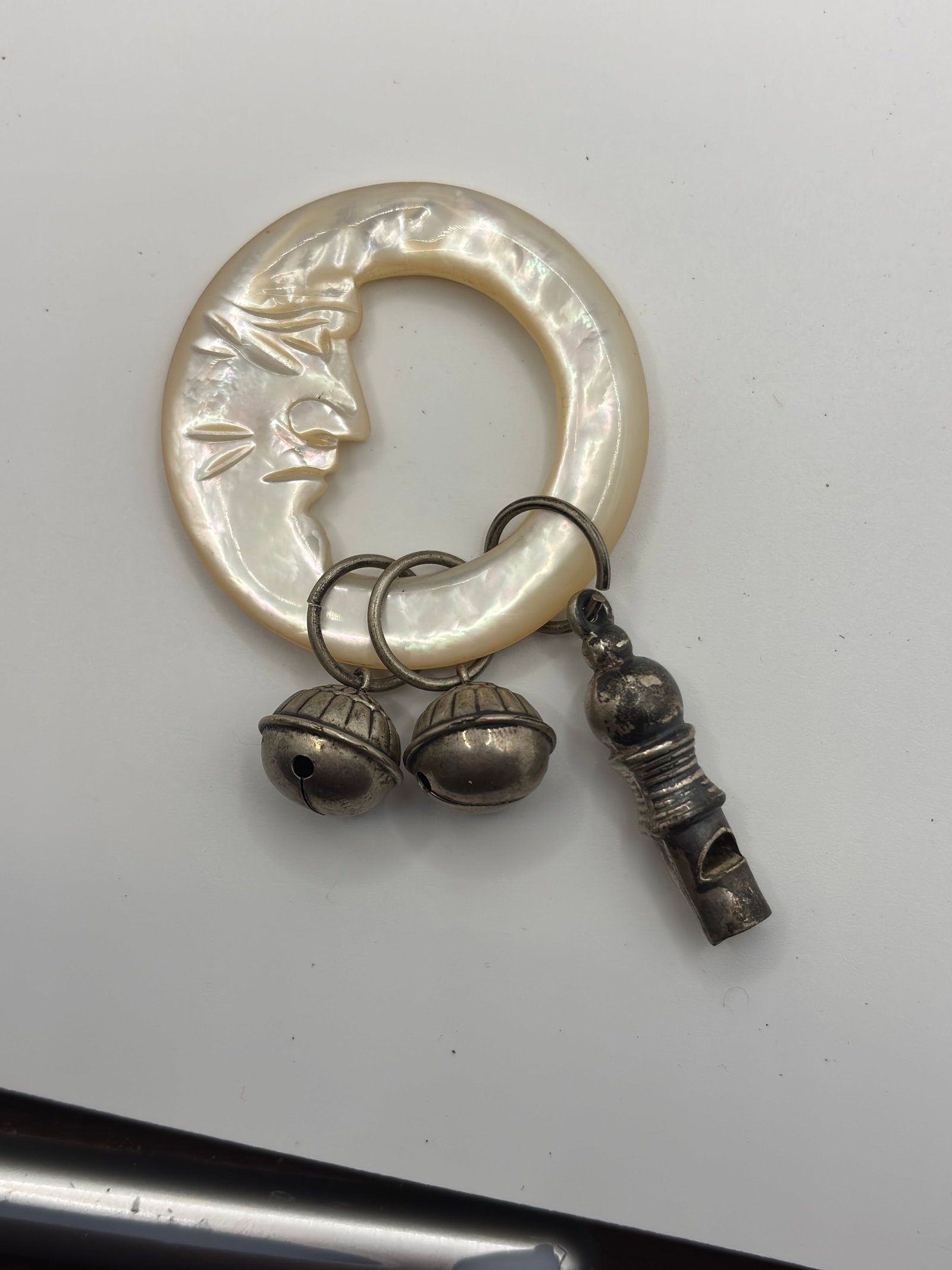 Vintage Sterling and Mother-Of-Pearl Baby Rattle w/ Sterling - Man-on-the-Moon (1 of 3)