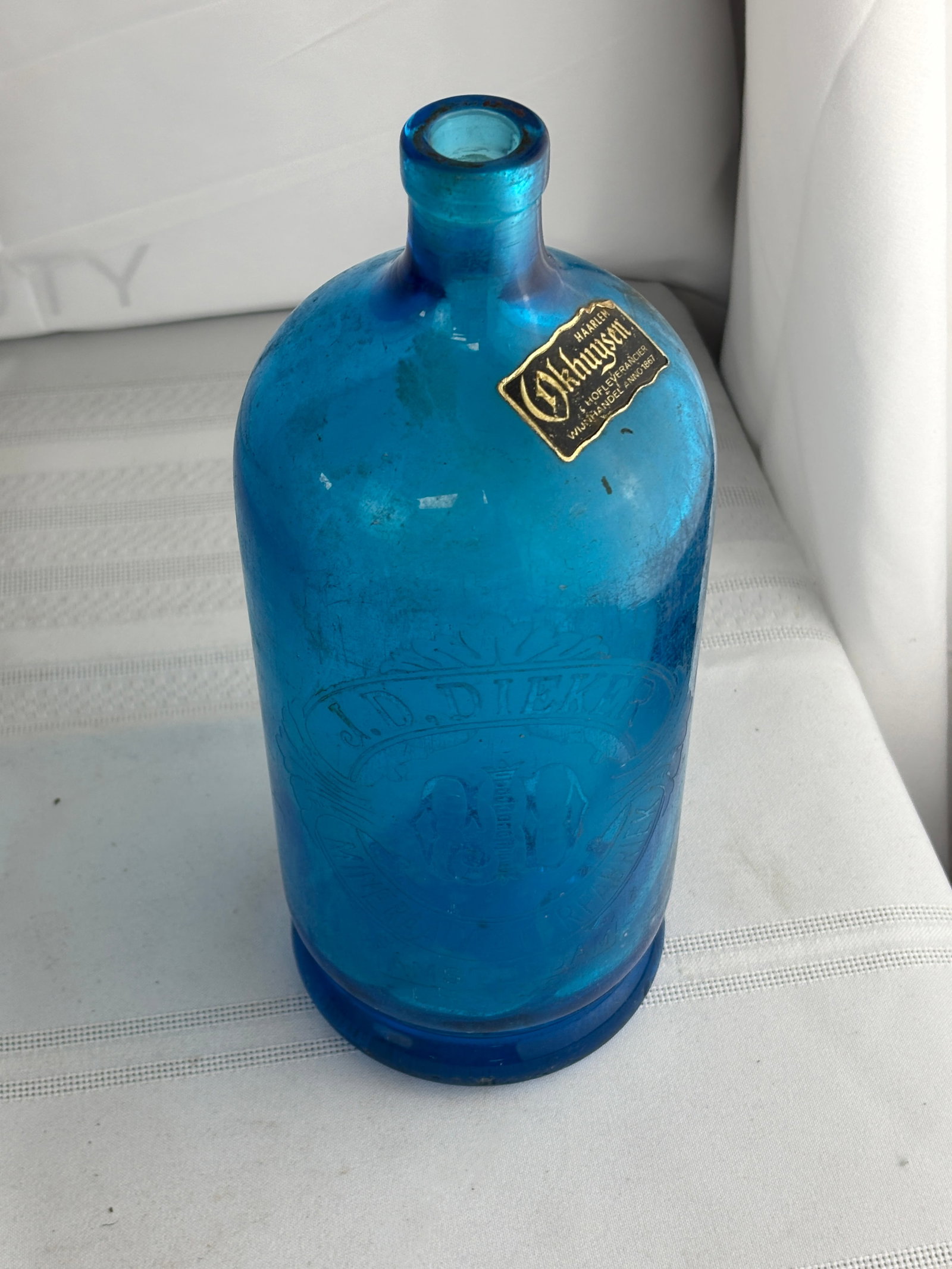 Large Striking Aqua Colored Netherlands Bottle - "Haarlem Okhuysen Anno 1867" (1 of 7)
