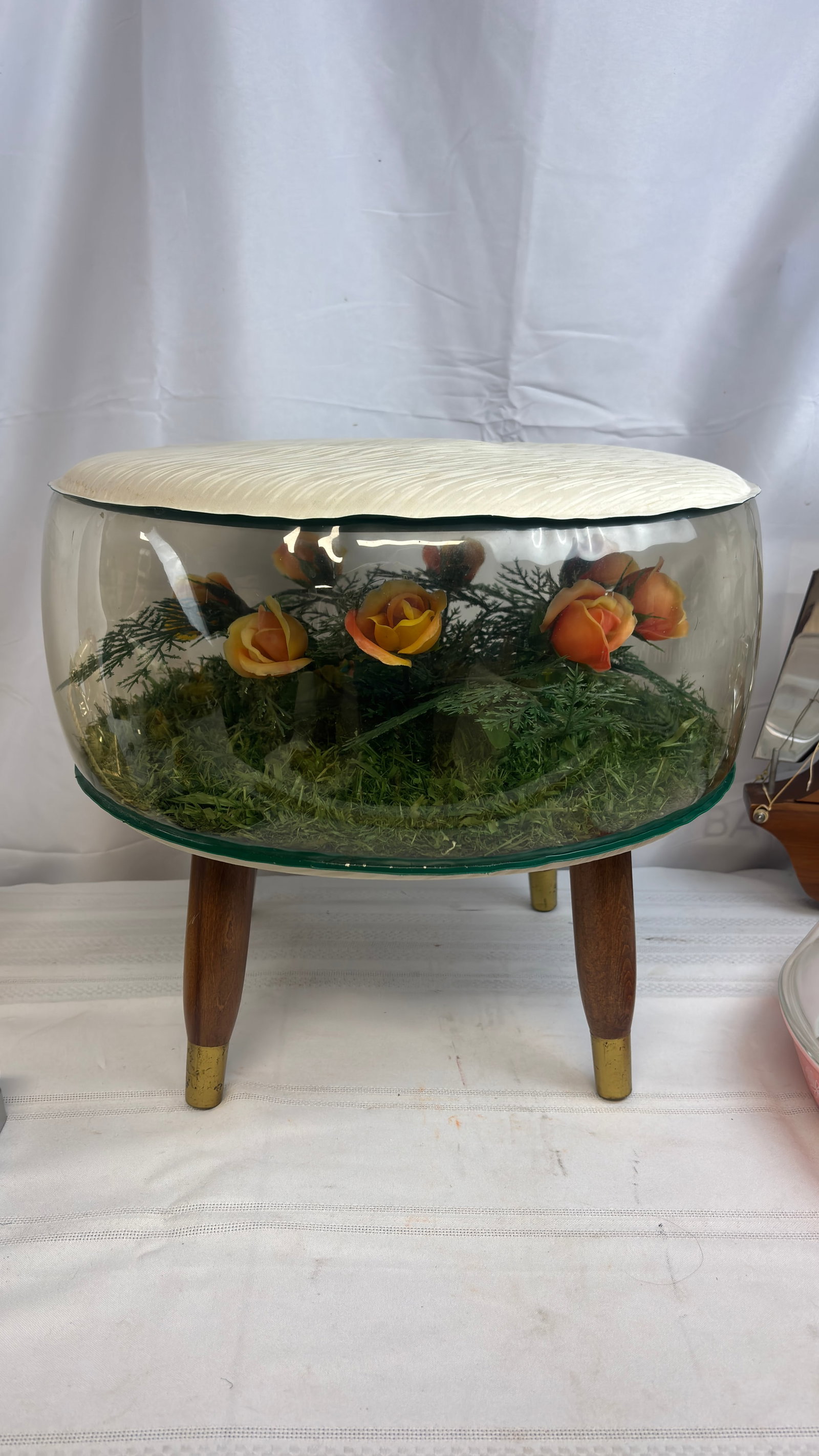 1960s Inflatable Terrarium Ottoman Foot Rest with Yellow Roses and Greenery -: A delightful 1960s inflatable ottoman showcasing the era’s love of bold color and experimental materials. Its airy form and cheerful retro styling make it a standout accent piece. Perfect for collec
