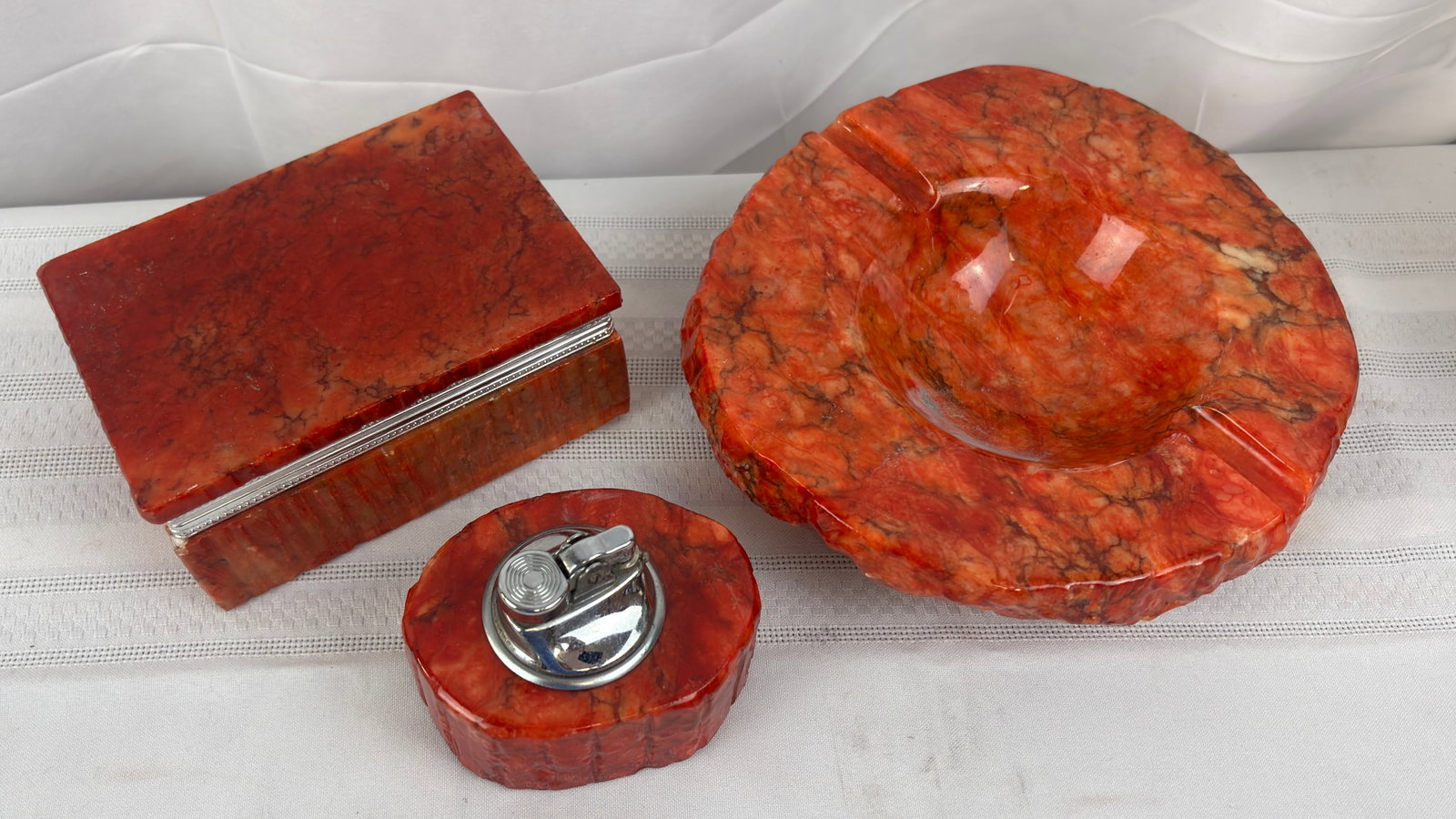 1960s Italian Three Piece Orange Genuine Hand Carved Alabaster Smoking Set (1 of 3)
