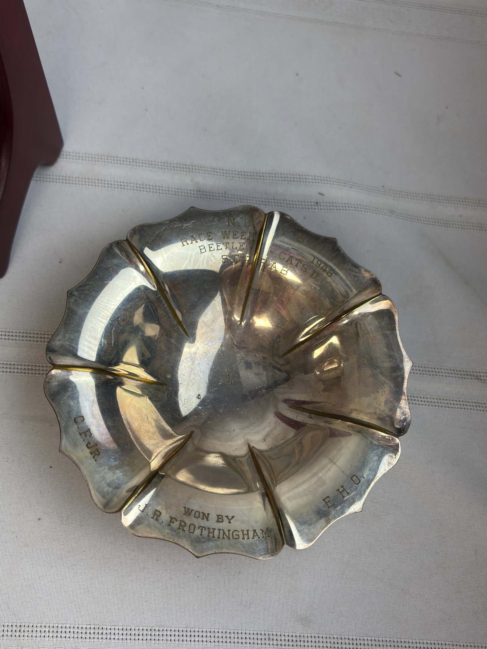 New Bedford Massachusetts Vintage Yacht Club Race Week Trophy 1948: Silver plate trophy bowl, New Bedford Yacht Club, Race Week. Beetle Cats II, Scarab, won by J.R. Frothingham