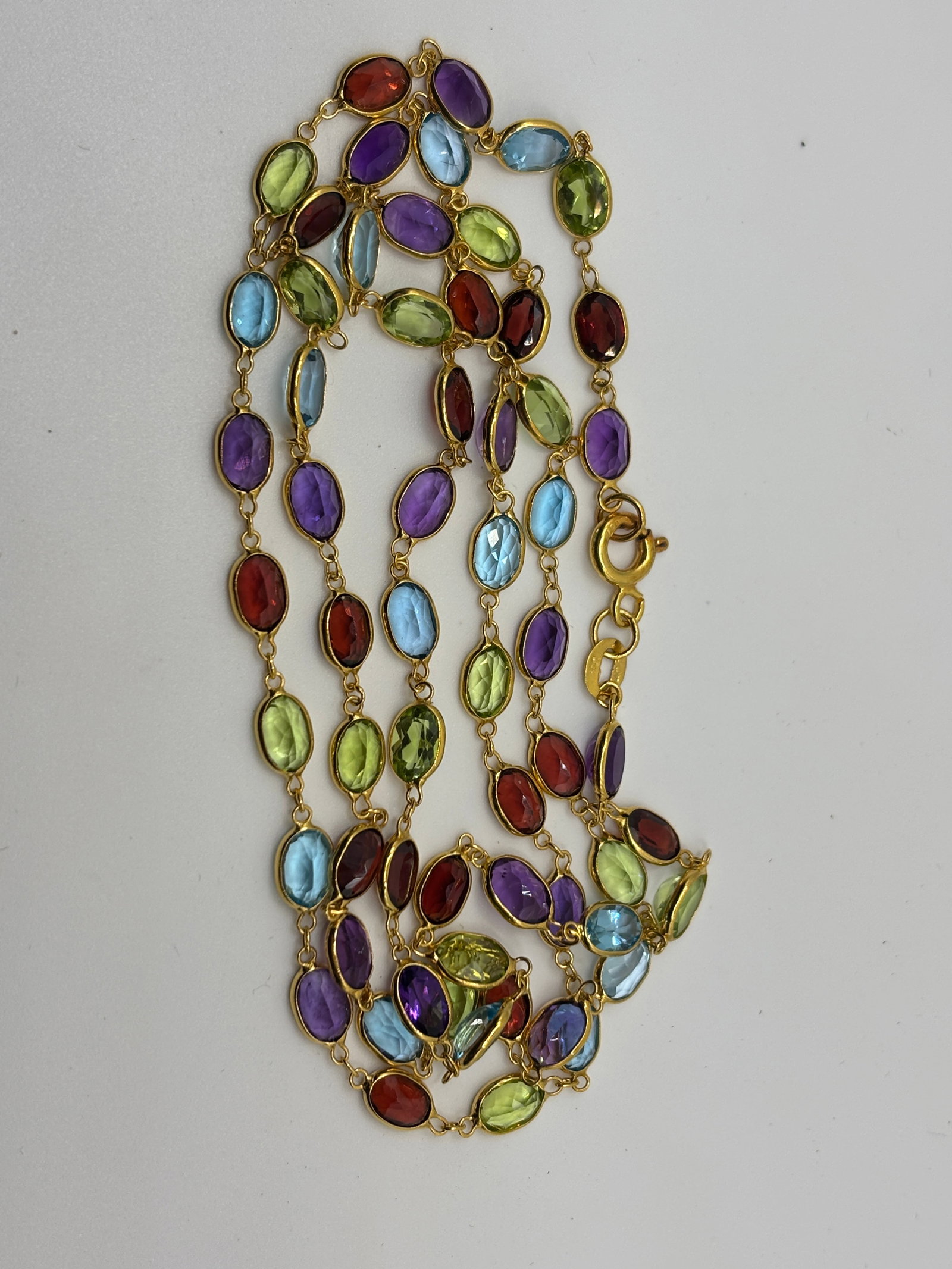 Stunning 18K 750 Yellow Gold with Multi Colored Gemstones Necklace: Stunning 18K Yellow Gold with Multi Colored Gemstones NecklaceNecklace is marked 750 on clasp area.