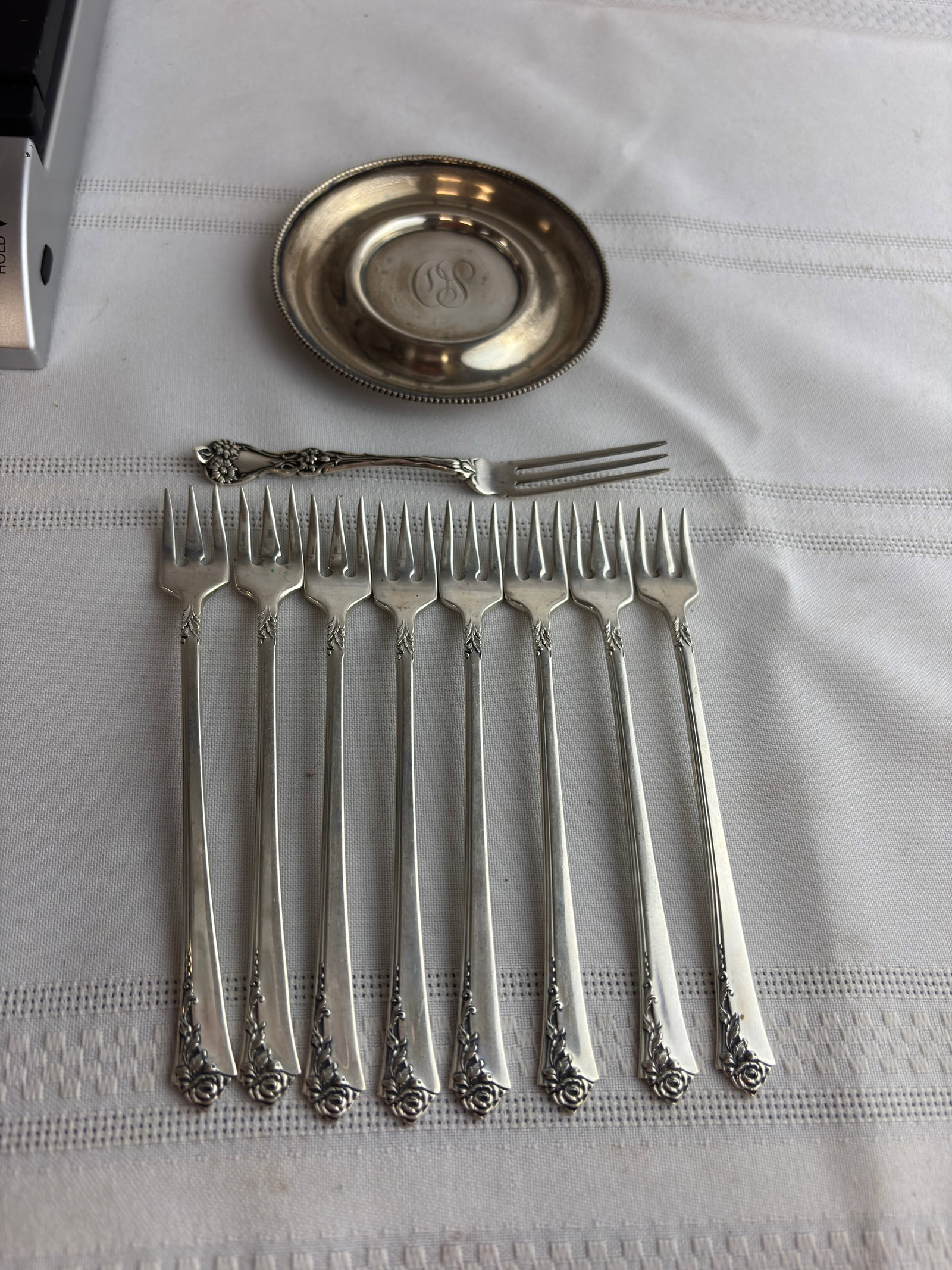 Lot of 8 Sterling Silver Small Forks, and other pieces: In excellent condition.