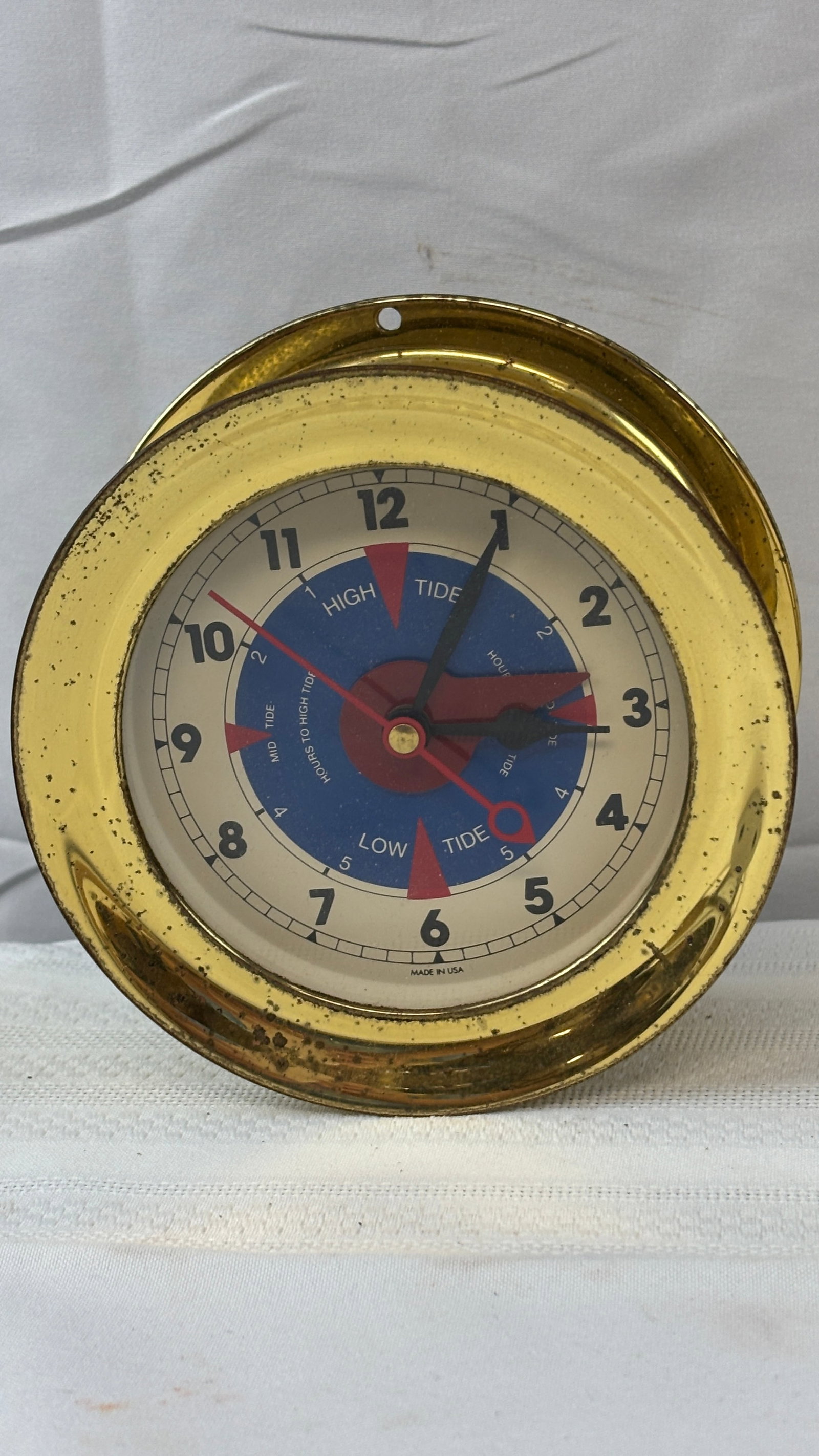 Vintage Chelsea Newport Tide Clock: High Tide, Low Tide ClockHeavy Brass, nice coloring, has wear as shown.