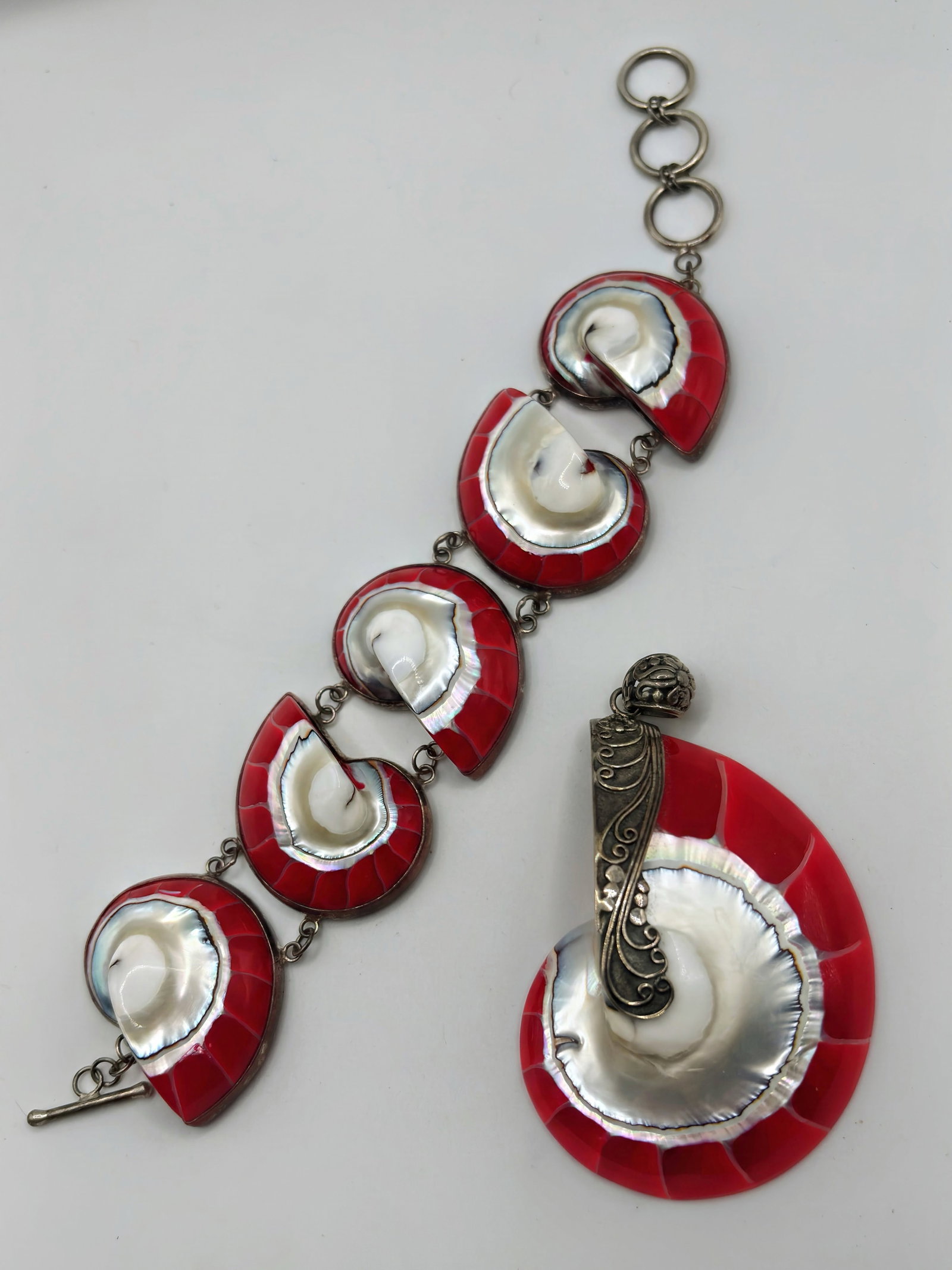 Red Nautilus Shells set in Sterling Silver - Bracelet and Earrings Set (1 of 5)