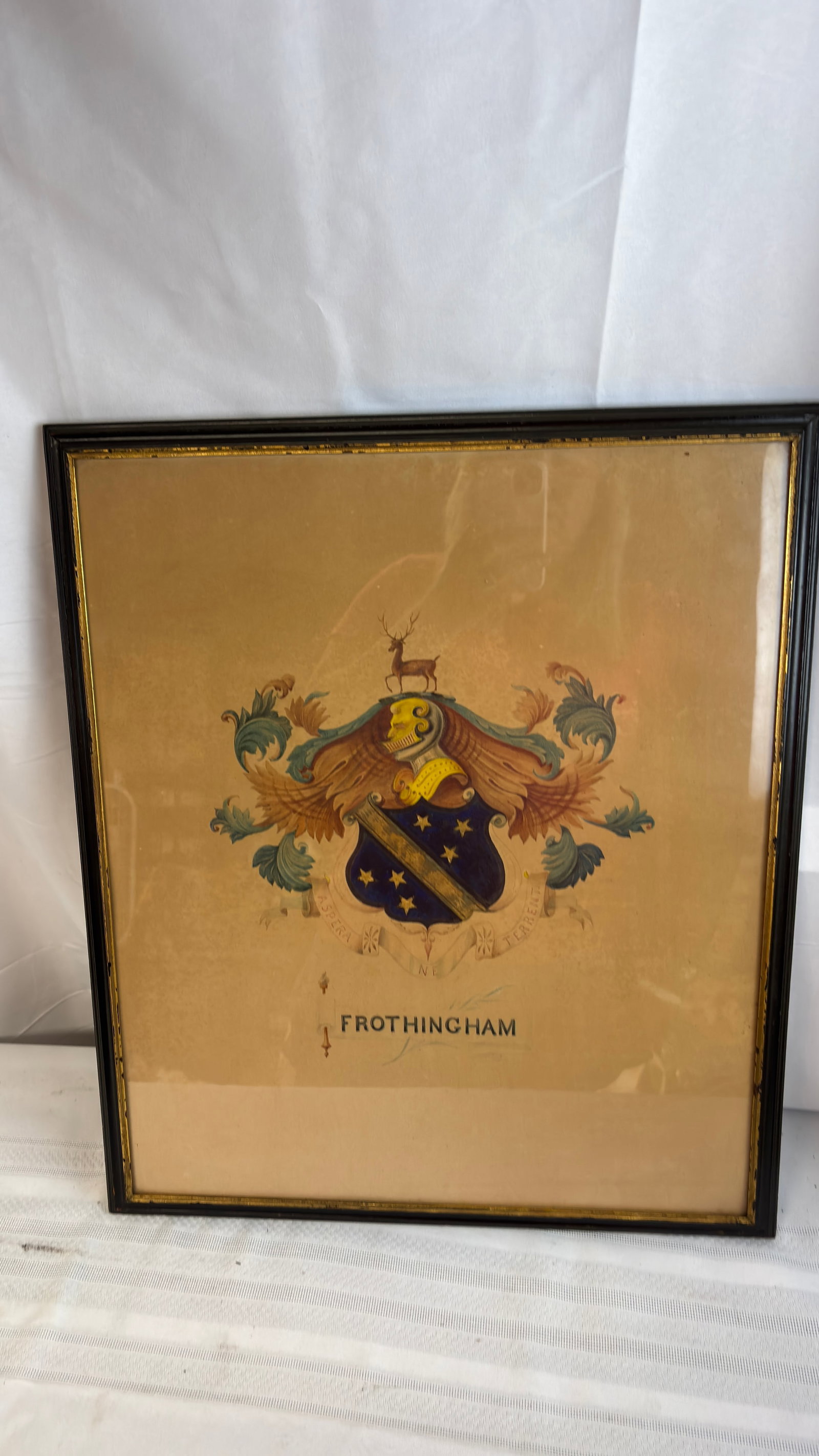 Frothingham Family Crest - Antique Drawing in Color: Drawing of the Frothingham family crest. This came out of an estate in Nonquitt (a historic oceanside community in Dartmouth, Massachusetts). The Frothingham name was well known in the community from 