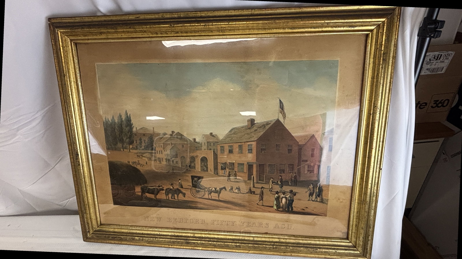 dated 1858 "New Bedford Scene "Fifty Years Ago" Litho by Charles Tabert & Co, Framed Under Glass (1 of 9)