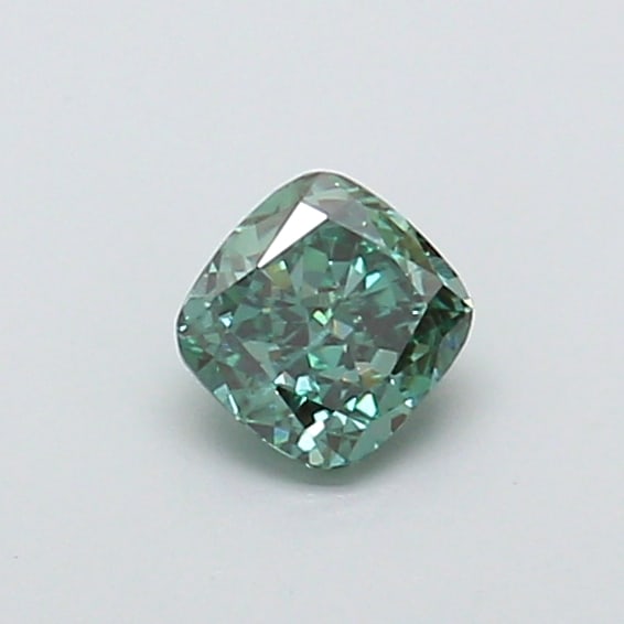 0.39 Lab Grown Diamond FANCY VIVID GREEN CUSHION Shape: An elegant a 0.39 ct lab-grown diamond in Fancy Vivid Green, cut with a pillowy cushion silhouette. Crafted to elevate a three-stone ring, this stone delivers high-saturation color that stands out bea