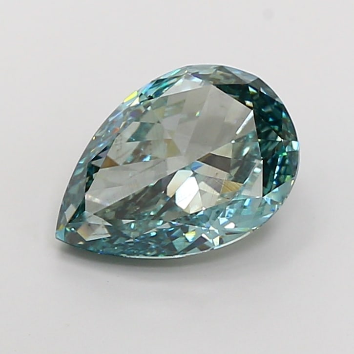 5.37 Lab Grown Diamond FANCY VIVID BLUISH GREEN PEAR Shape: A captivating a 5.37 ct lab-grown diamond in Fancy Vivid Bluish Green, cut with a graceful teardrop profile. An excellent pick for a pendant, this stone delivers high-saturation color that stands out