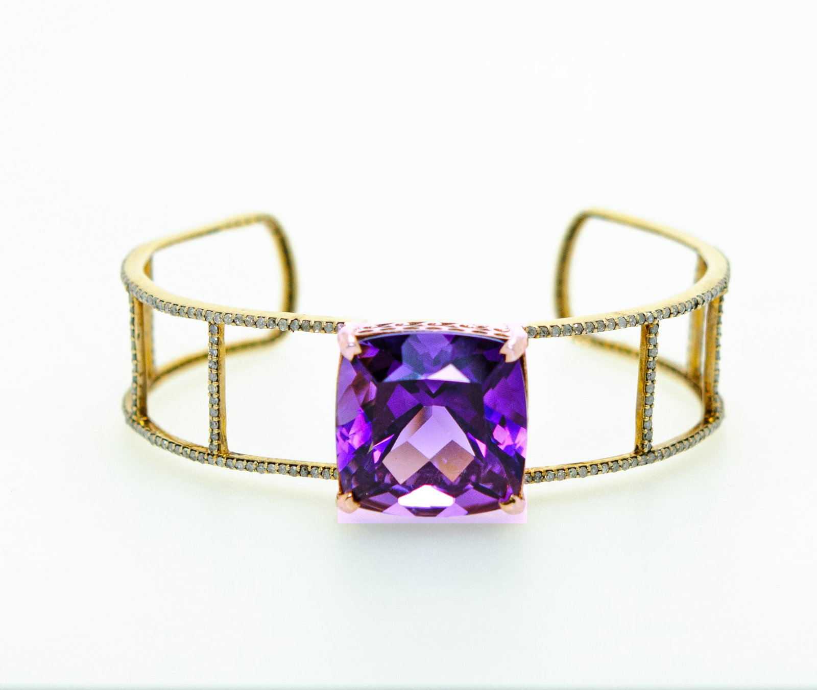 18K Gold-Plated 925 Silver Diamond Bracelet with Diamonds and Big Amethyst Centerpiece: 18K Gold-Plated 925 Silver Diamond BraceletSlim 18K gold-plated 925 sterling silver bracelet set with shimmering diamonds, and beautiful Amethyst Centerpiece, offering everyday luxury with a light, co