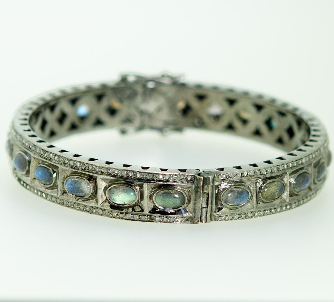 925 Silver Bracelet with 18K Gold Plating with labrodite: 925 silver bracelet featuring a line of moonstones and diamonds, A truly Unique piece