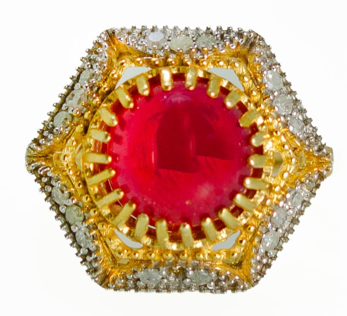 18K Gold-Plated 925 Silver Diamond Ruby Ring: Diamond and ruby accents on an 18K gold-plated 925 silver band, size 54.5, giving balanced color and brilliance for daily wear