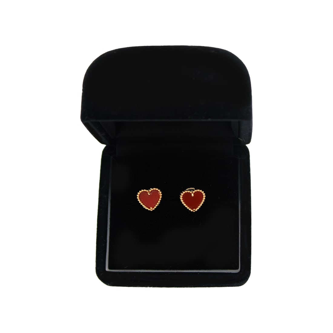 Van Cleef & Arpels Sweet Alhambra-Style Heart Earrings: Van Cleef & Arpels Sweet Alhambra-style heart stud earrings featuring a rose gold-tone finish and vibrant red carnelian-style inlay. Marked.