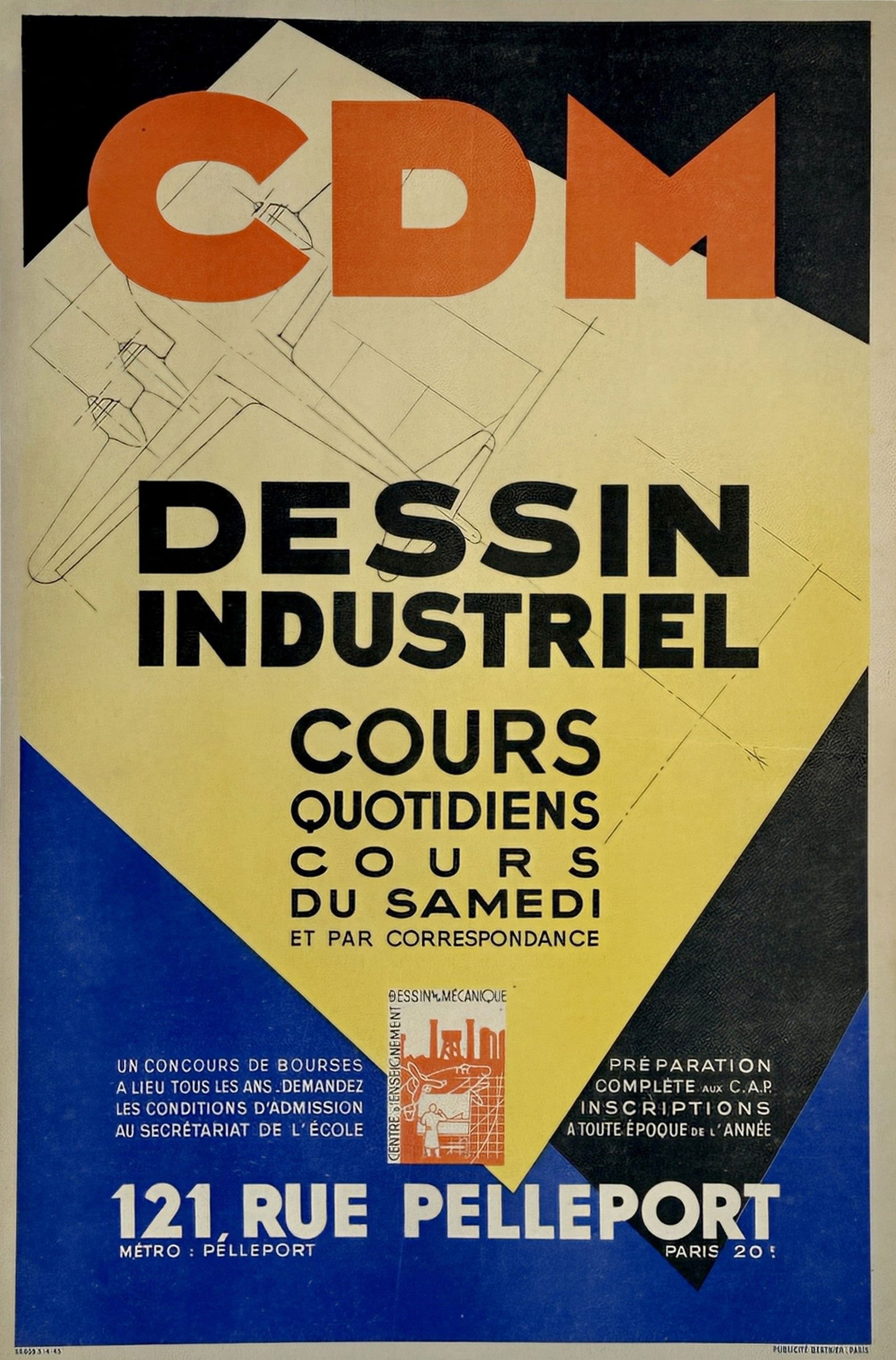 CDM Dessin Industriel: This bold 1945 poster promotes industrial drawing courses at CDM in Paris, France. Featuring aeronautical blueprints, dynamic typography, and primary colors, the design embodies the era's push toward