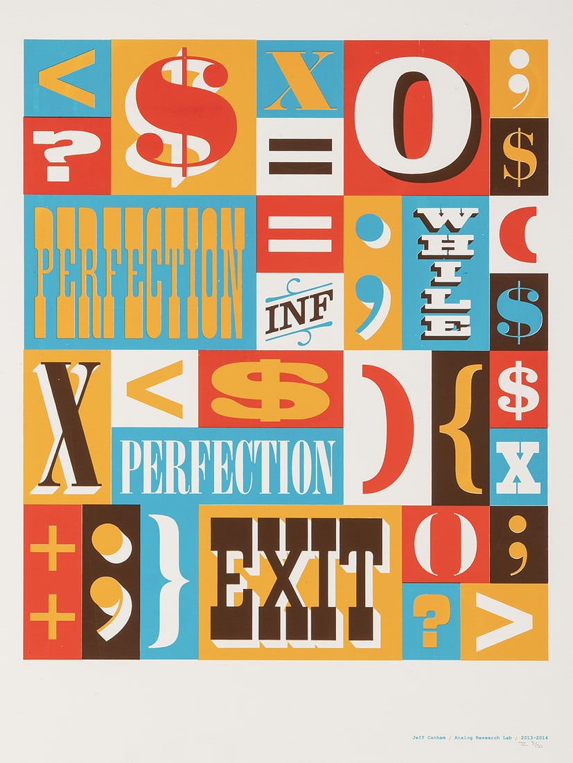 Chase Perfection- Facebook HQ: This rare internal-use poster was produced by Facebook's in-house Analog Research Lab in the early 2010s. Featuring bold, experimental design, the poster reflects the company's spirit of innovation