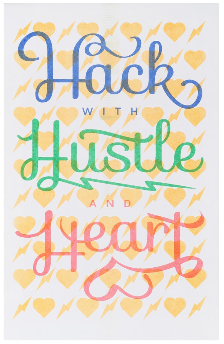 Hack, Hustle, Heart- Facebook HQ: This rare internal-use poster was created by Facebook's (now Meta) in-house Analog Research Lab in the early 2010s. Produced with experimental printing techniques, the design reflects the company's
