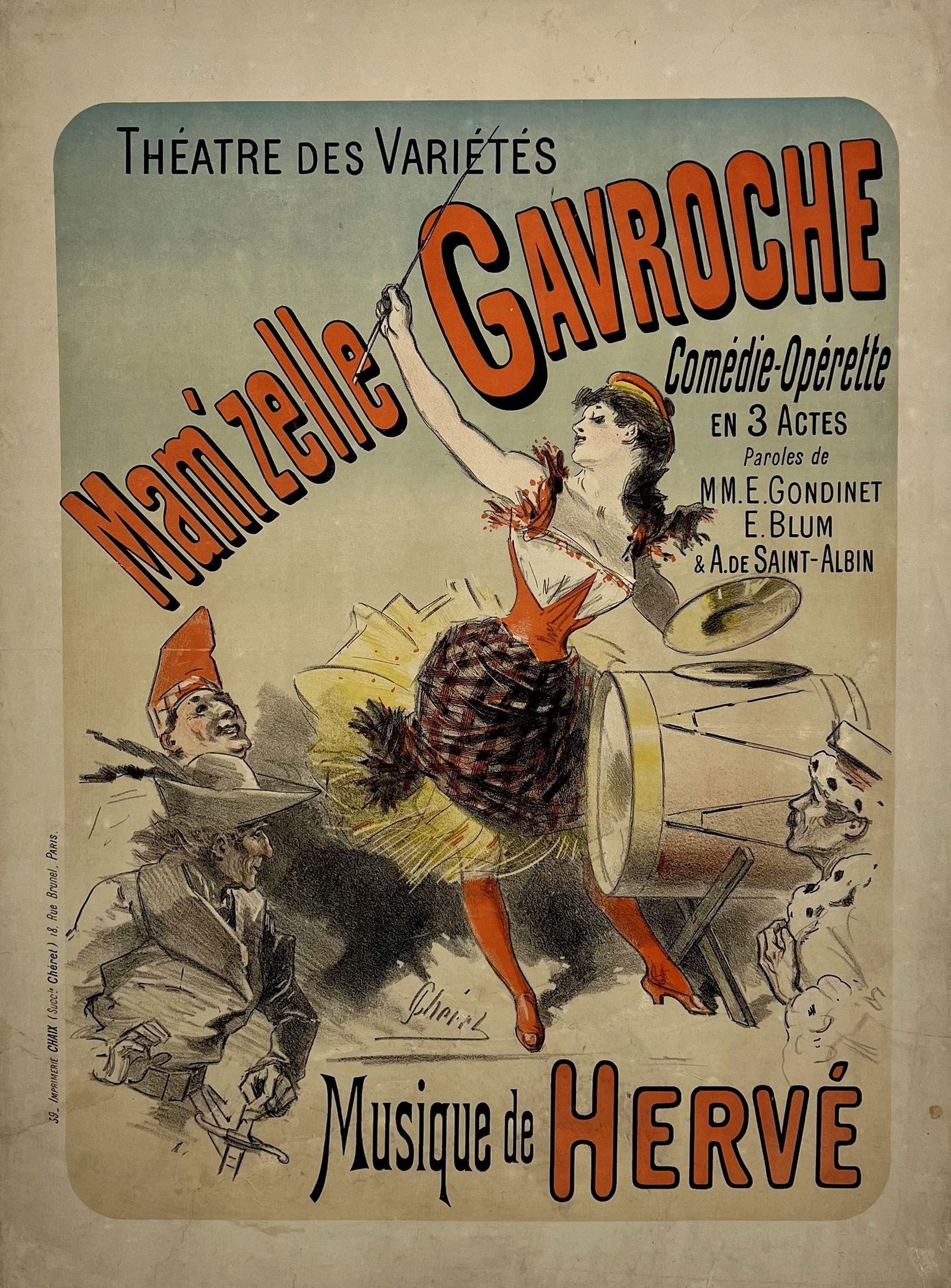 Mam'zelle Gavroche- Jules Cheret: This 1885 stone-lithograph poster, designed by renowned French artist Jules Cheret, promotes the operetta "Mam'zelle Gavroche". Cheret, considered the father of the modern poster, showcases his except