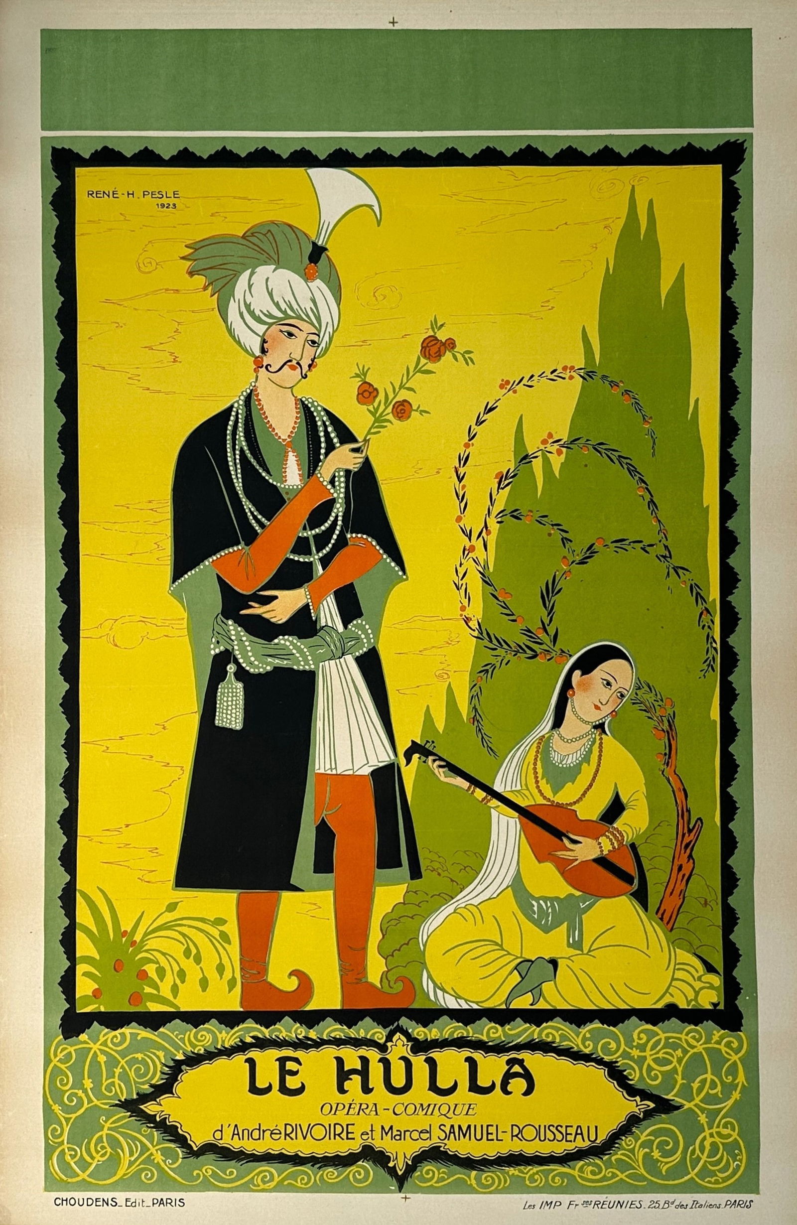 La Hulla, Opera: This vibrant 1920s poster by Rene H. Pesle captures the exotic charm of the four-act "conte lyrique oriental" opera Le Hulla, which premiered at the Opera-Comique in Paris. The design features a