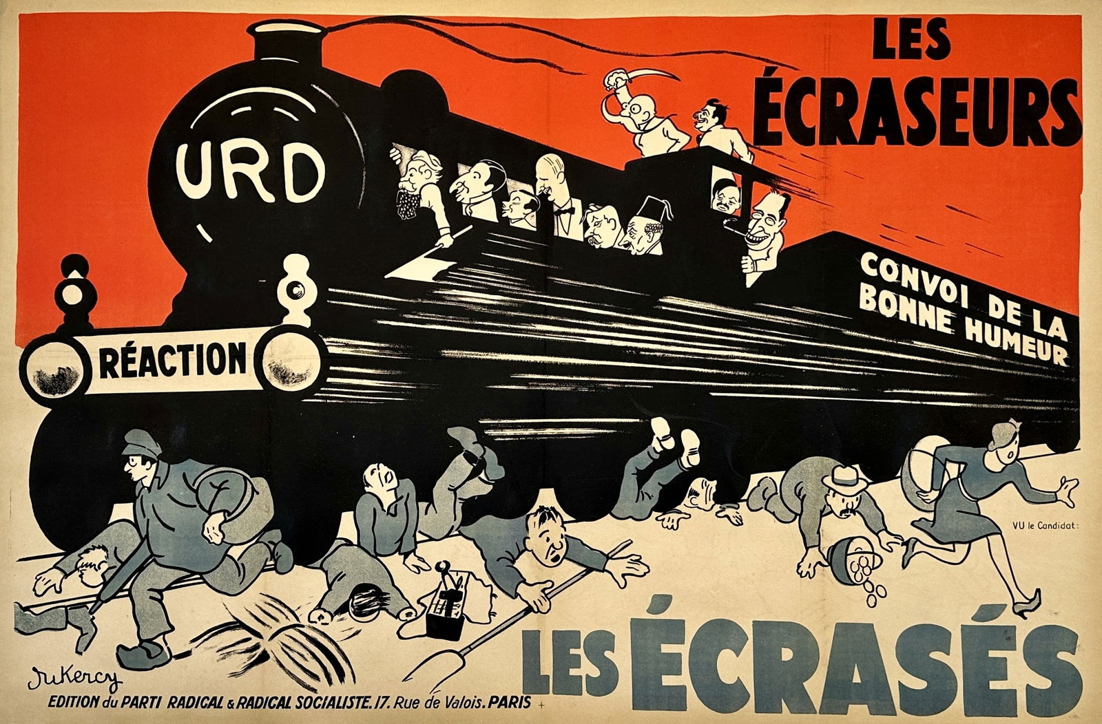 Ecrases Train: Vintage 1920s political protest poster titled "Les Ecrases" by French artist Rikercy. Striking imagery depicts European officials crushing blue-collar workers, a sharp commentary on class struggle