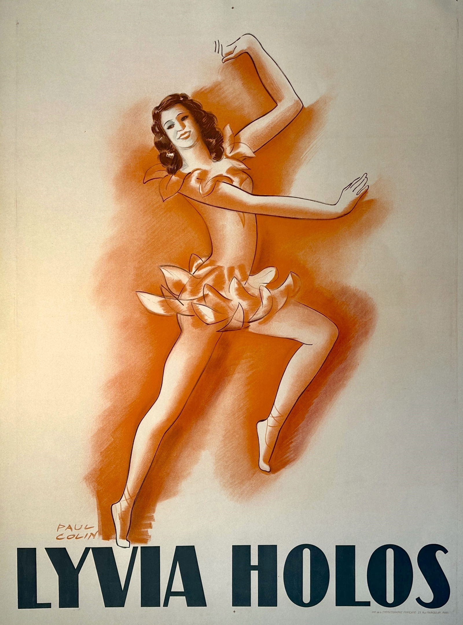 Lyvia Holos by Paul Colin: Rare 1930s poster by renowned French artist Paul Colin, known for his vibrant, modern graphic style and collaborations with performance icons. This work captures the graceful movements and energy of