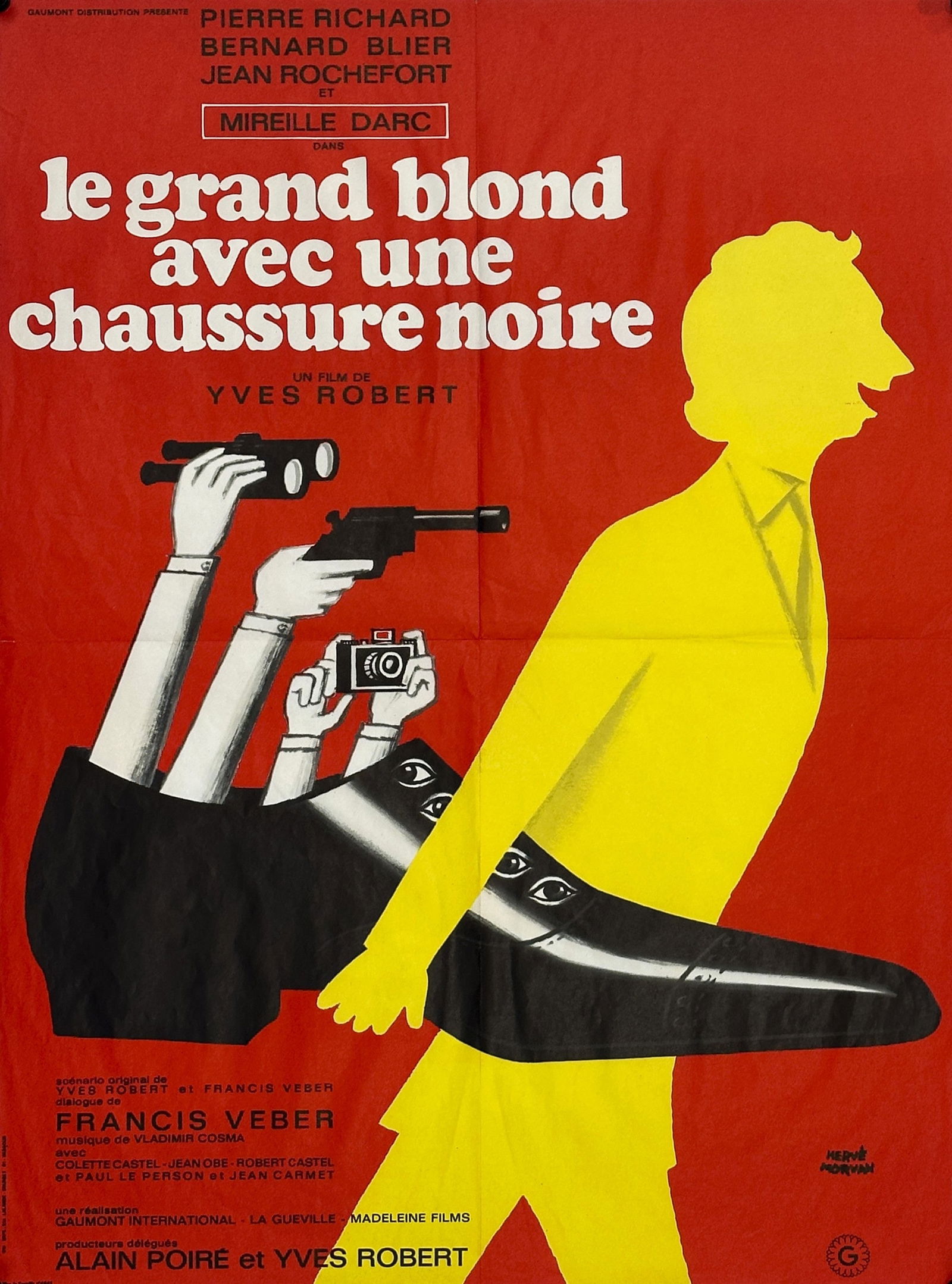 Le Grand Blond by Herve Morvan: Original 1973 French movie poster designed by renowned graphic artist Herve Morvan for the classic comedy thriller Le Grand Blond avec une chaussure noire. Morvan's bold, modernist style distills the