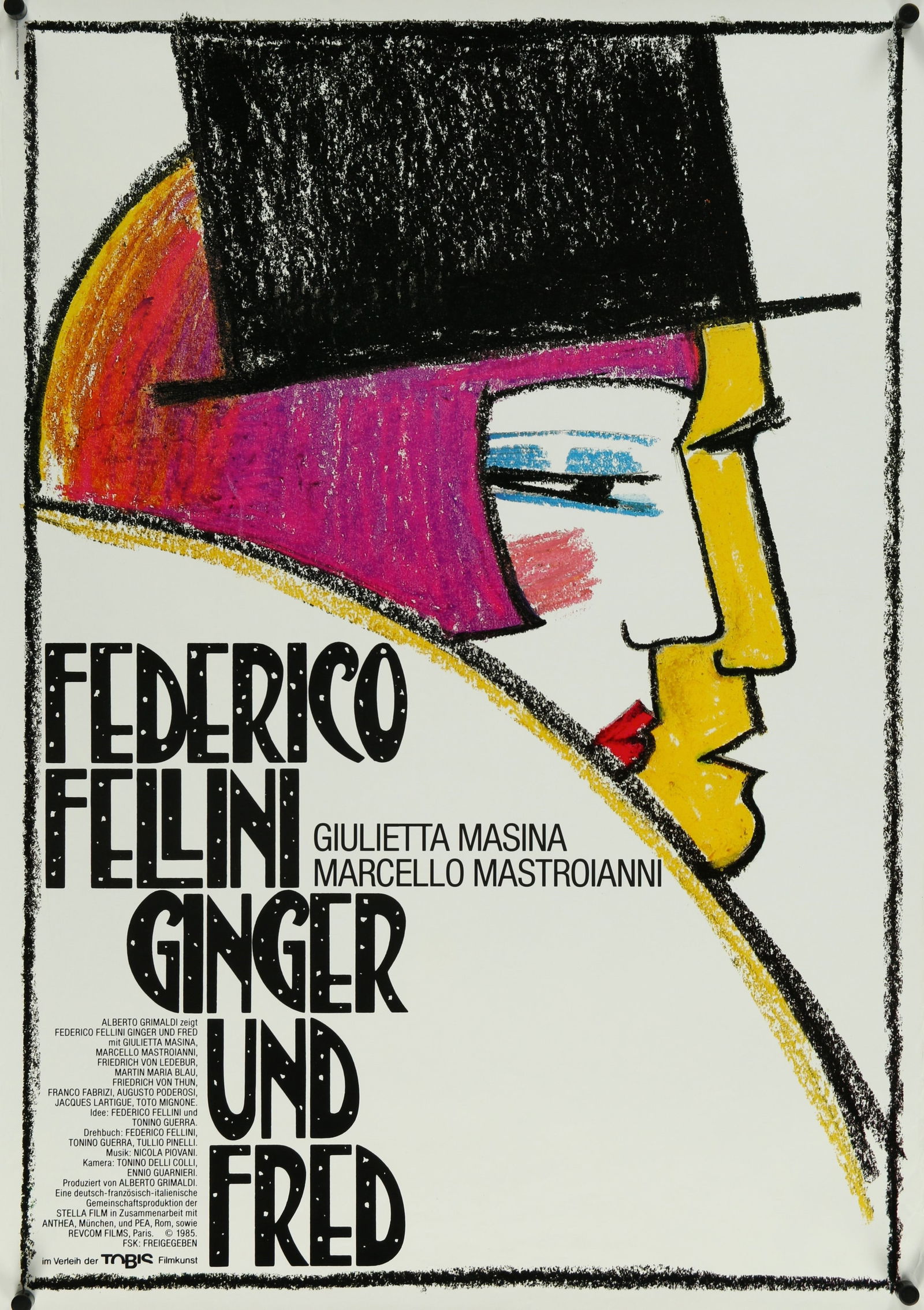 Ginger and Fred- German Release: Rare 1986 German release poster for Federico Fellini's romantic comedy "Ginger and Fred," featuring the charismatic pairing of Marcello Mastroianni and Giulietta Masina in a visually captivating