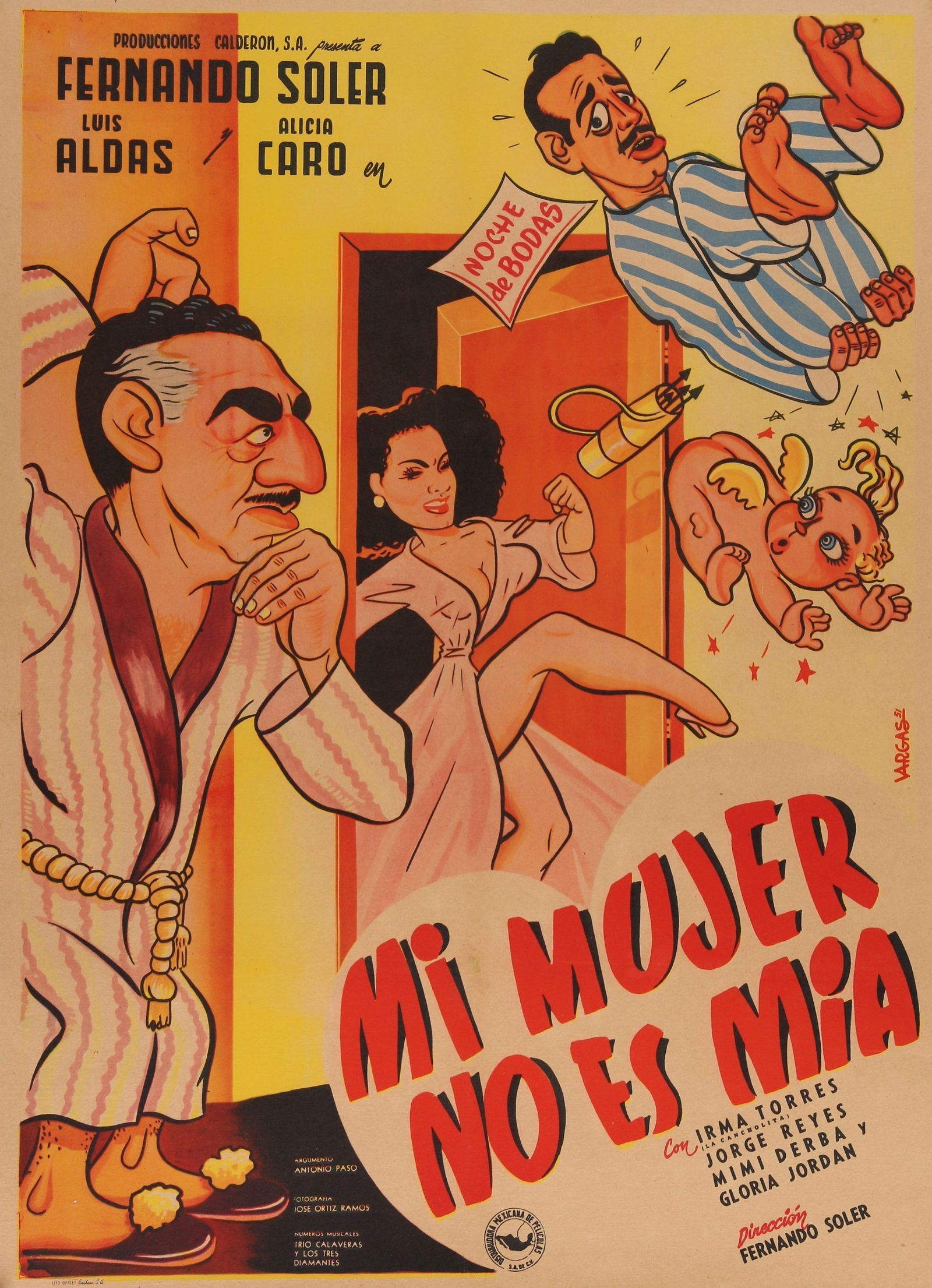 Mi Mujer no es Mia: Vintage 1950s Mexican film poster for "Mi Mujer no es Mia," a romantic comedy melodrama. Designed by the renowned Mexican poster artist Juan Antonio Vargas Ocampo, whose vibrant illustrations