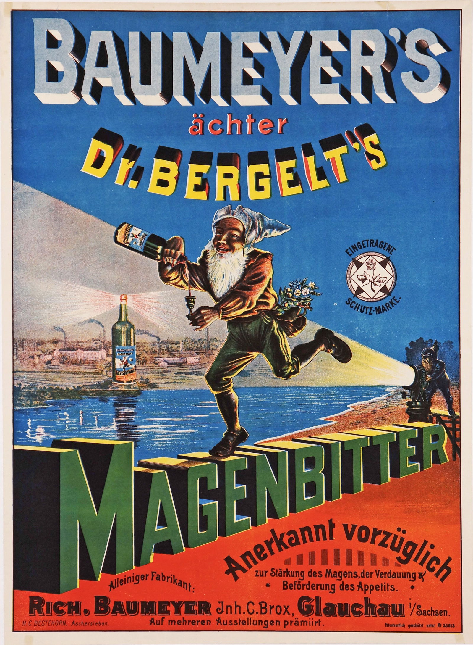 Baumeyer's Maganbitter: This vintage stone lithograph for Baumeyer's "Dr Bergelt's" Maganbitter features a gnome pouring a drink under a spotlight, with a Droste effect on the bottle. The artwork dates to the early 1920s