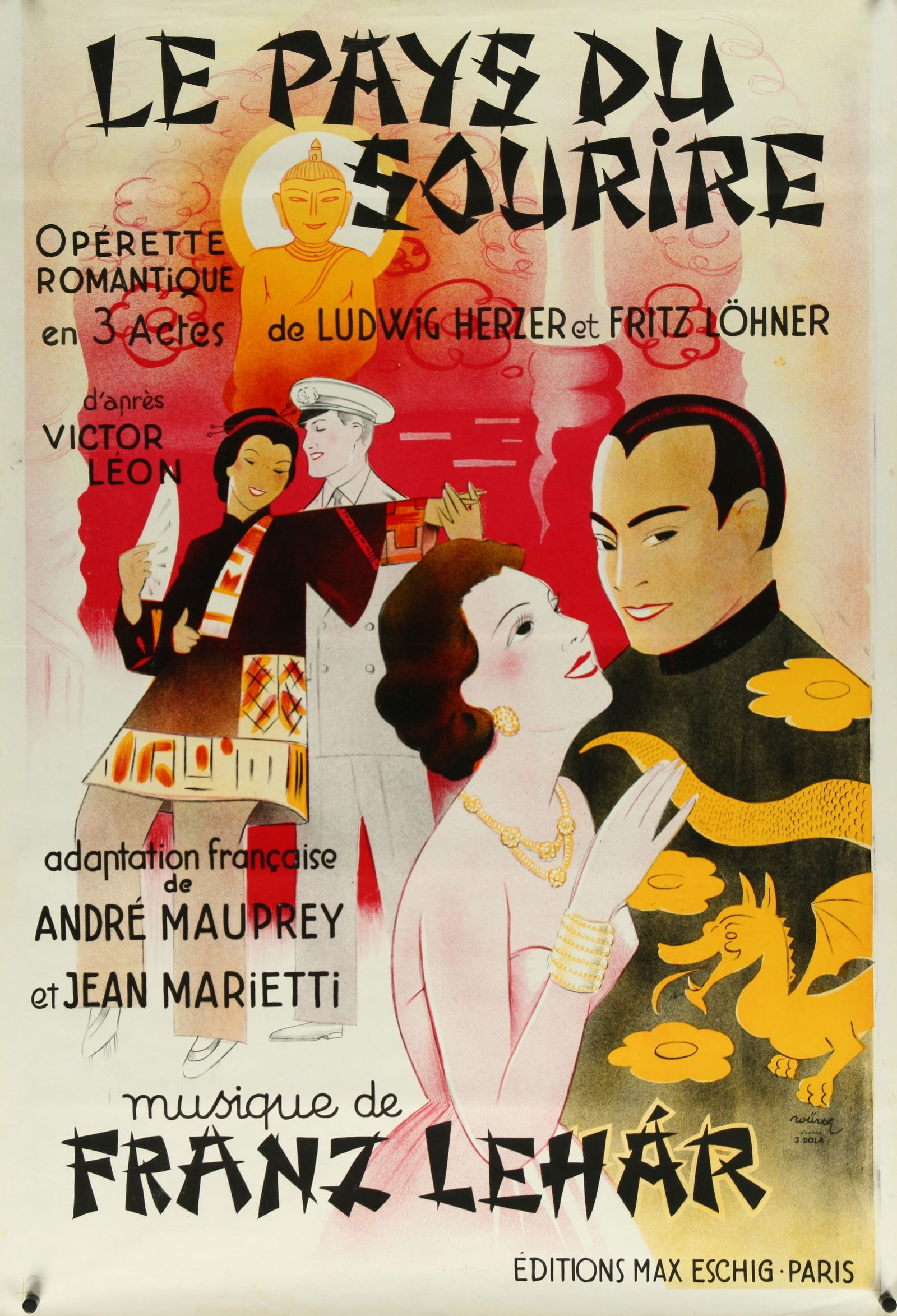 Le Pays du Souirer: Captivating vintage French poster for the 1930s theatrical production "Le Pays Du Sourire," designed by artist Wurth and depicting a romantic oriental-inspired scene. Vibrant colors and dynamic