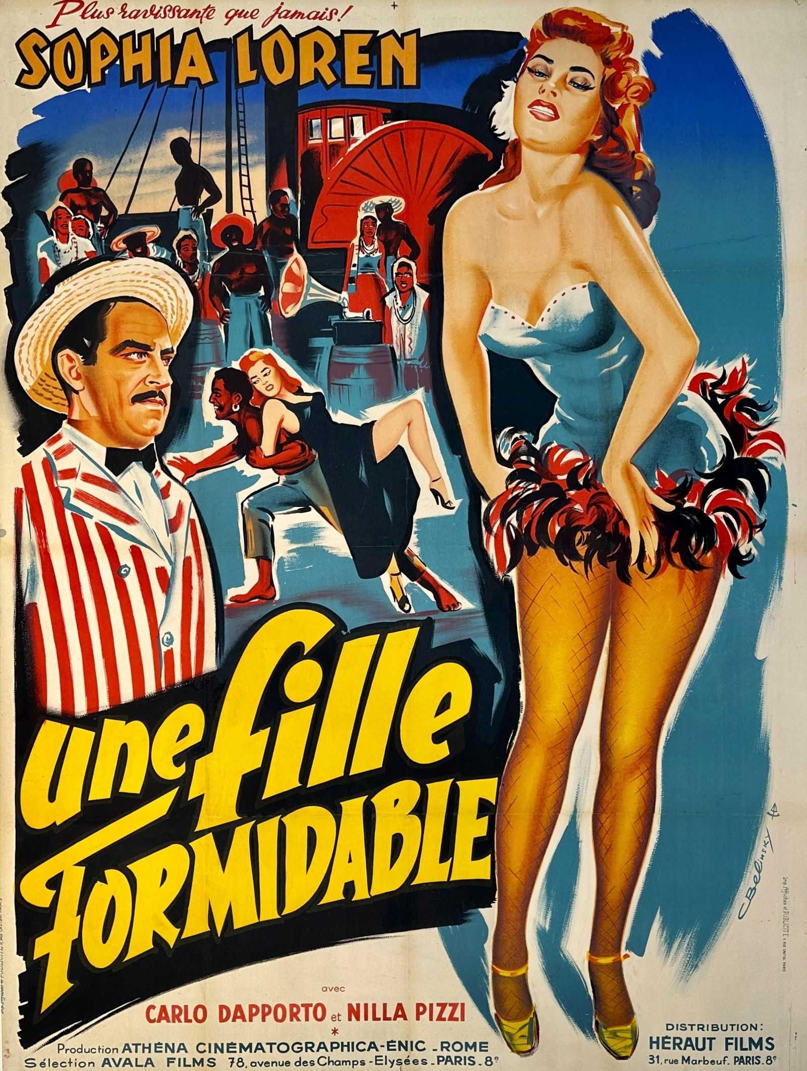 Une Fille Formidable, Sophia Loren: Vintage French film poster for "Une Fille Formidable," starring the legendary Sophia Loren. Designed by artist C. Belinsky in the early 1950s, this vibrant poster captures the glamour and allure of