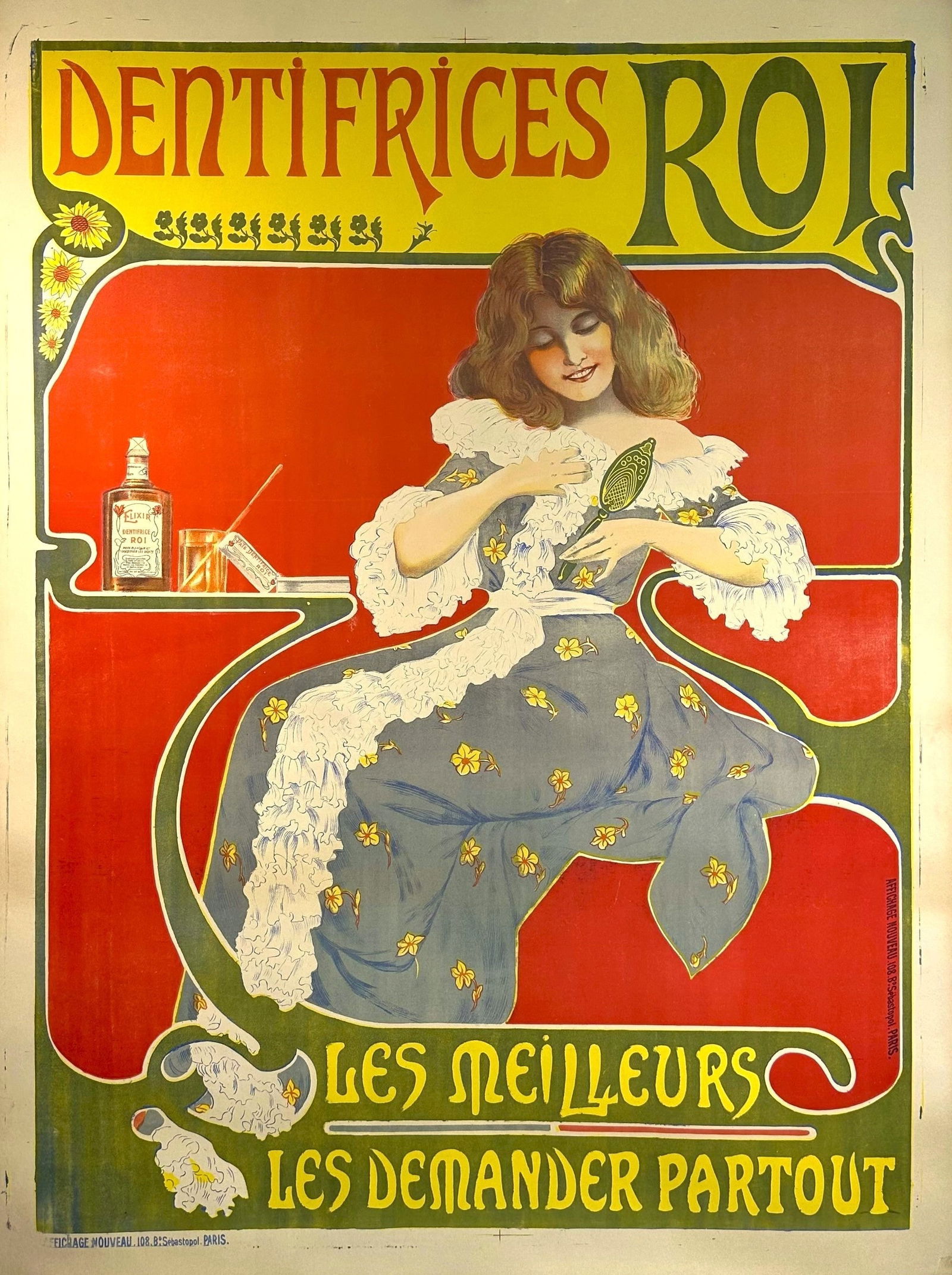 Dentrifices Roi: Striking 1905 French Art Nouveau stone lithograph advertising the renowned Dentrifices Roi toothpaste. Vibrant organic design features an elegant auburn-haired muse admiring her flawless smile in a