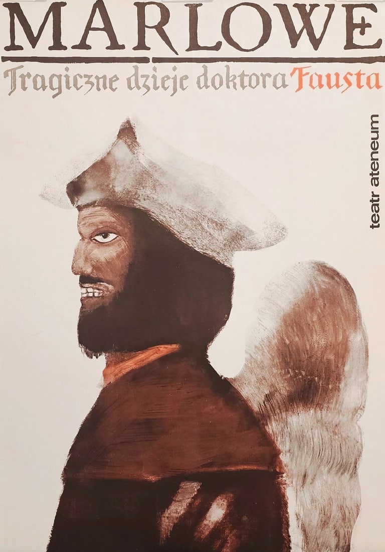 Tragic Story of Dr. Faust- Polish Theatre: This original Polish theatre poster from the early 1960s was created for a stage adaptation of Christopher Marlowe's The Tragical History of Doctor Faustus, presented at Teatr Ateneum in Warsaw. Refle