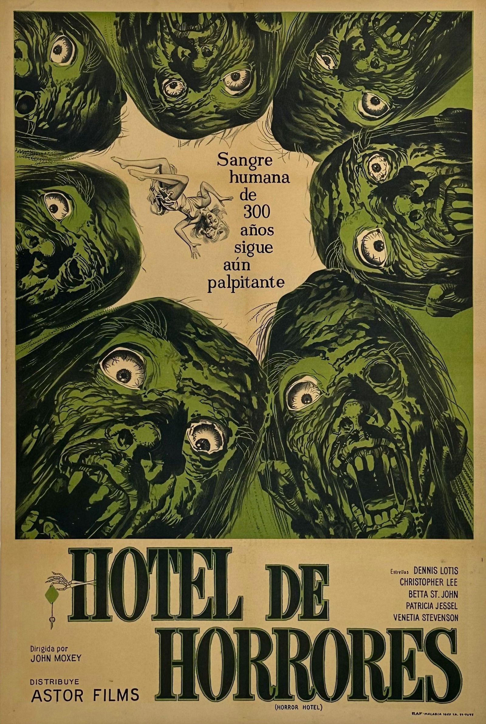 Hotel de Horrores- Argentinian Release: This vintage 1960s Argentinian horror movie poster, "Hotel de Horrores," is a chilling masterpiece of macabre artistry. Featuring a parade of seven ghastly undead entities, this poster immerses the vi