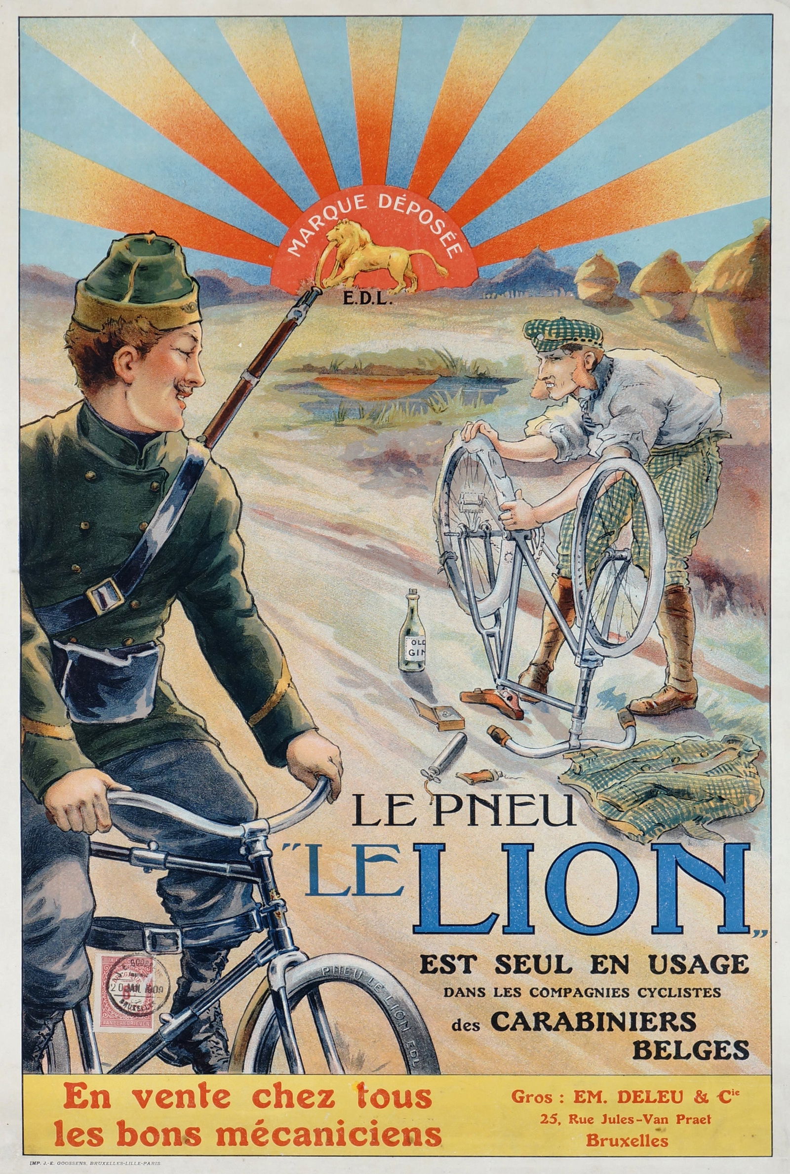 Le Pneu Le Lion: Rare Belgian stone lithograph from the early 20th century depicting a soldier observing a cyclist struggling with a tire change, advertising the "Le Lion" tire brand. Printed in Brussels by J.E. Gooss