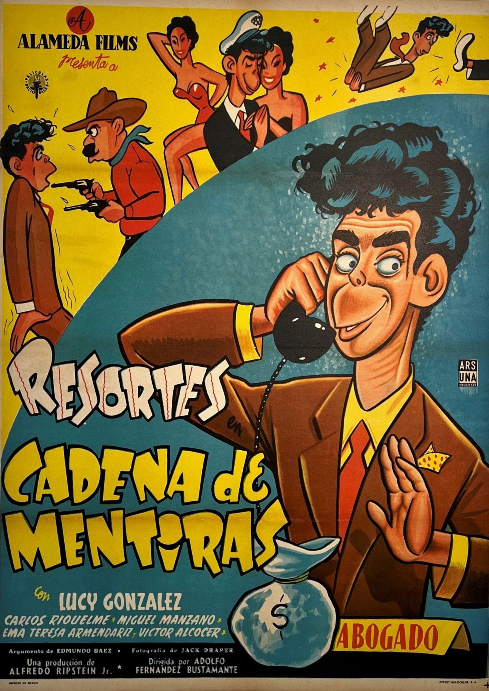 Cadena de Mentiras- Resortes: This vibrant Mexican film poster from the 1950s depicts the screwball comedy "Cadena de Mentiras" directed by Adolfo Fernandez Bustamante and starring comedian Adalberto Martinez. Featuring bold, cart