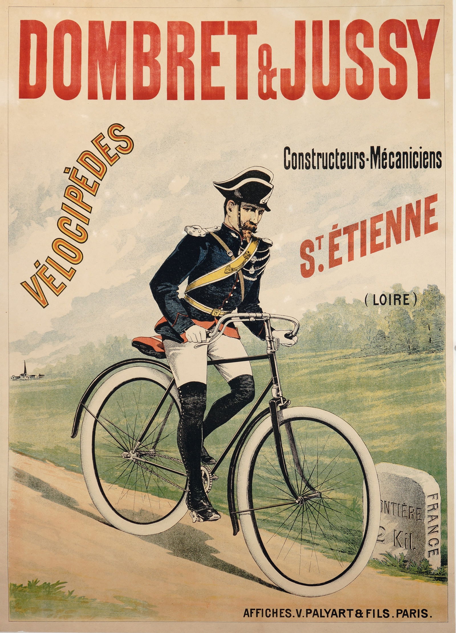 Dombret & Jussy: Striking late 19th century poster advertising the French bicycle manufacturer Dombret & Jussy, featuring a soldier approaching the French border. Printed c.1895, this impressive lithograph showcases t