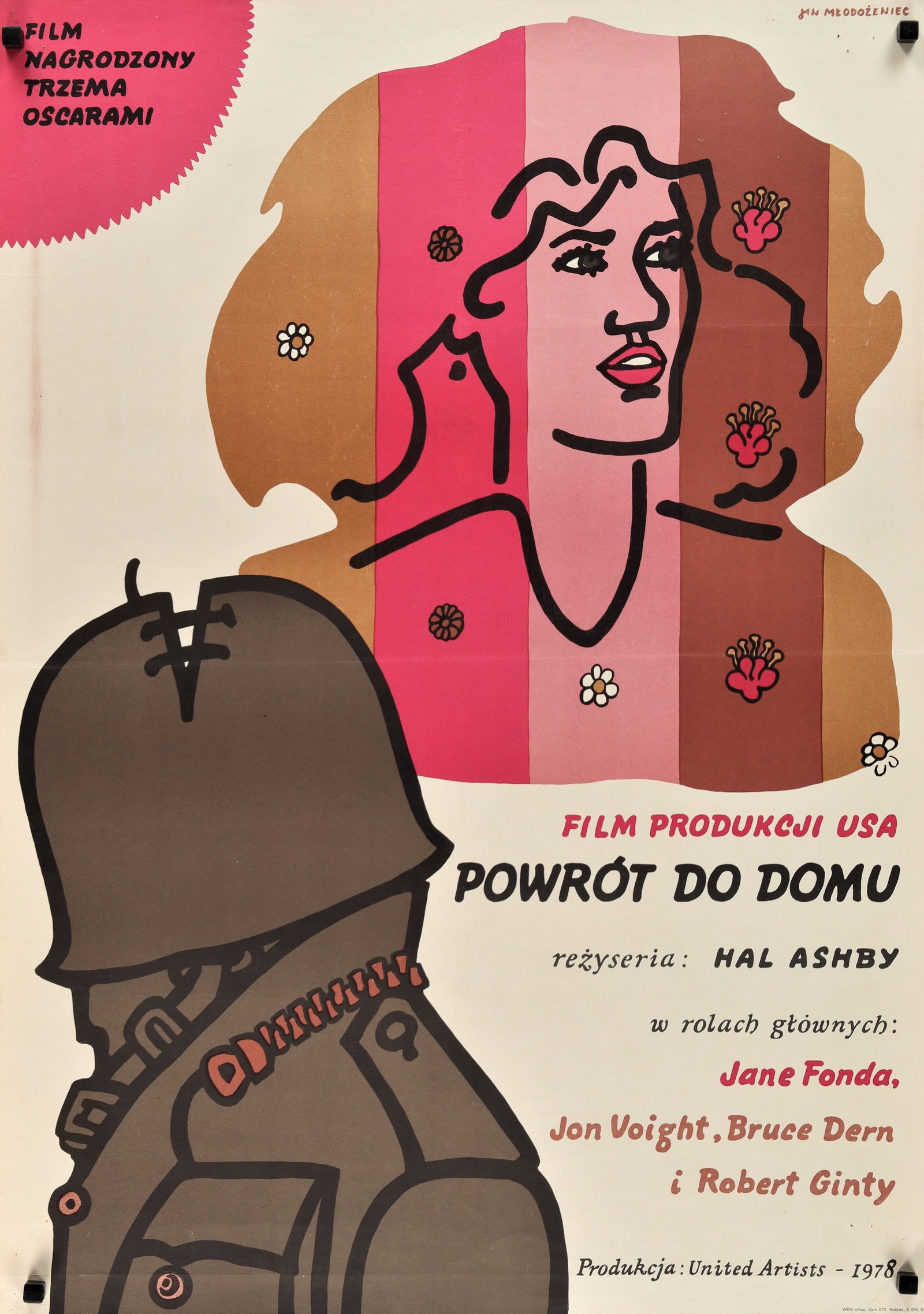 Coming Home- Polish Release: Vintage Polish movie poster for the 1978 American war drama "Coming Home" directed by Hal Ashby. Striking artwork by Polish artist Mlodozeniec features a feminine floral design contrasting with a somb
