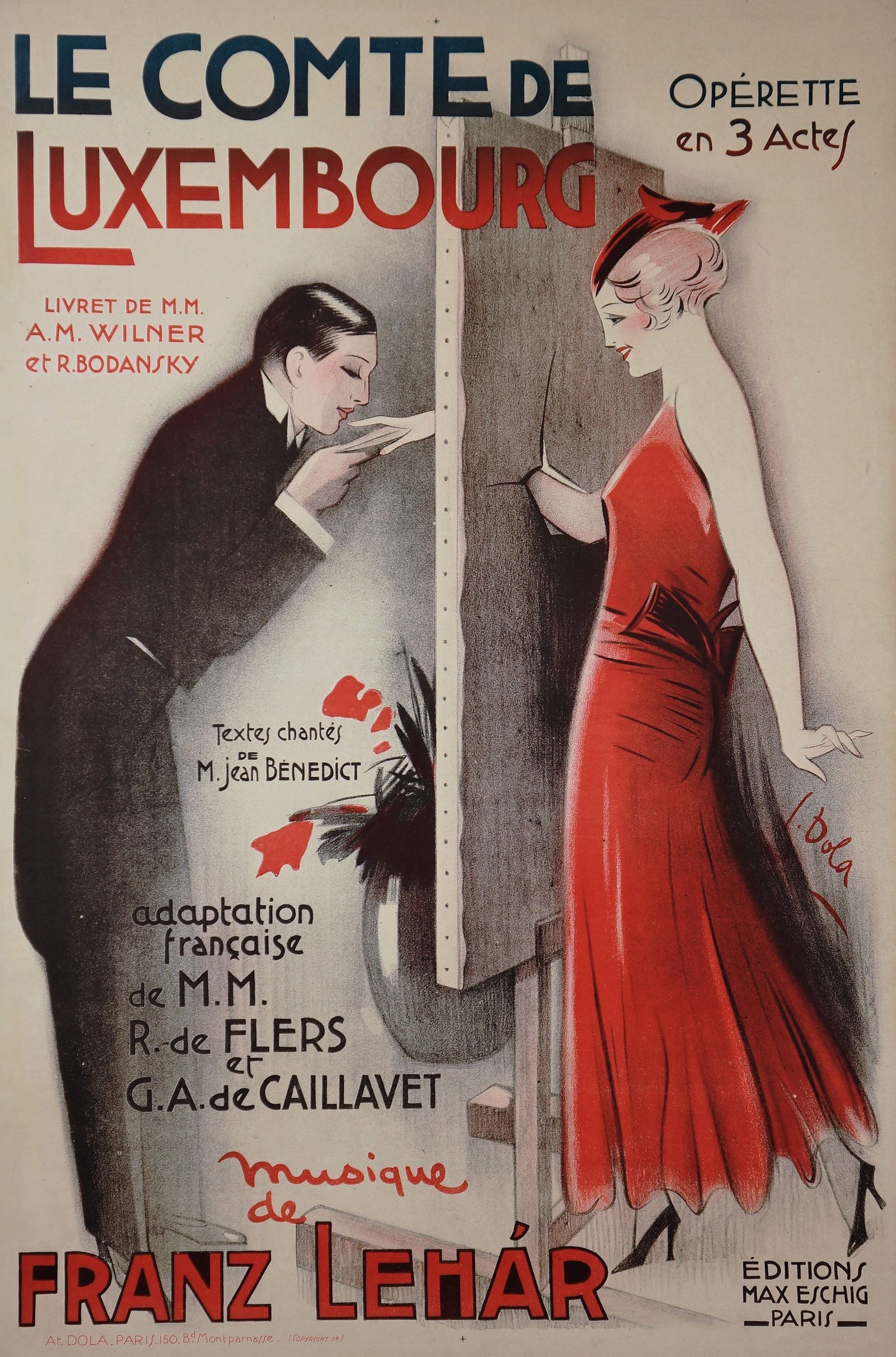 Le Comte de Luxembourg: Vintage 1930s French poster for the operetta "The Count of Luxembourg" by composer Franz Lehar. Designed by artist Georges Dola, the artwork features a ravishing madam waiting for a kiss. An audience