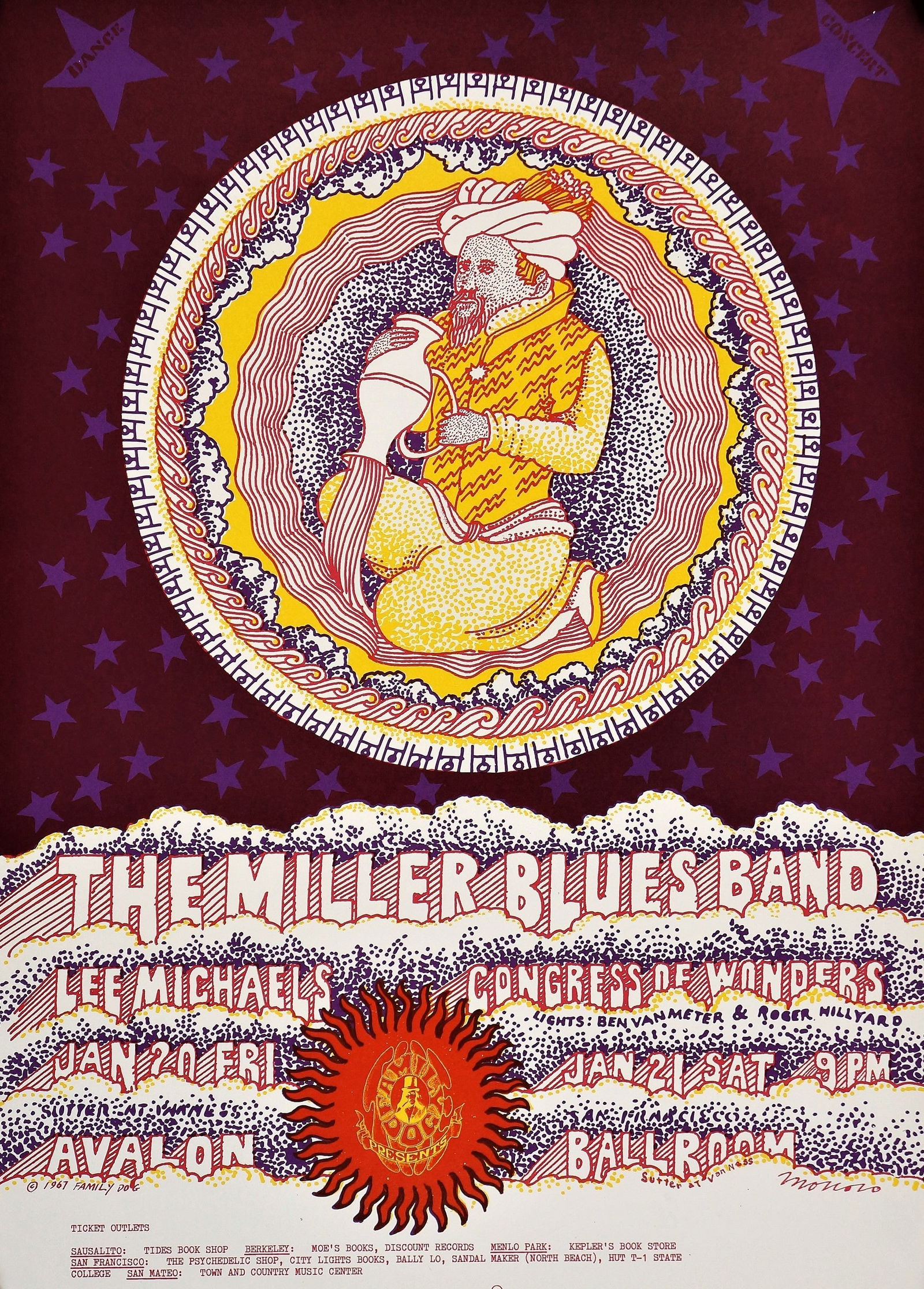 The Miller Blues Band: Iconic vintage psychedelic poster advertising a 1967 concert series at San Francisco's renowned Avalon Ballroom, featuring the Steve Miller Blues Band and other legendary acts. Designed by renowned